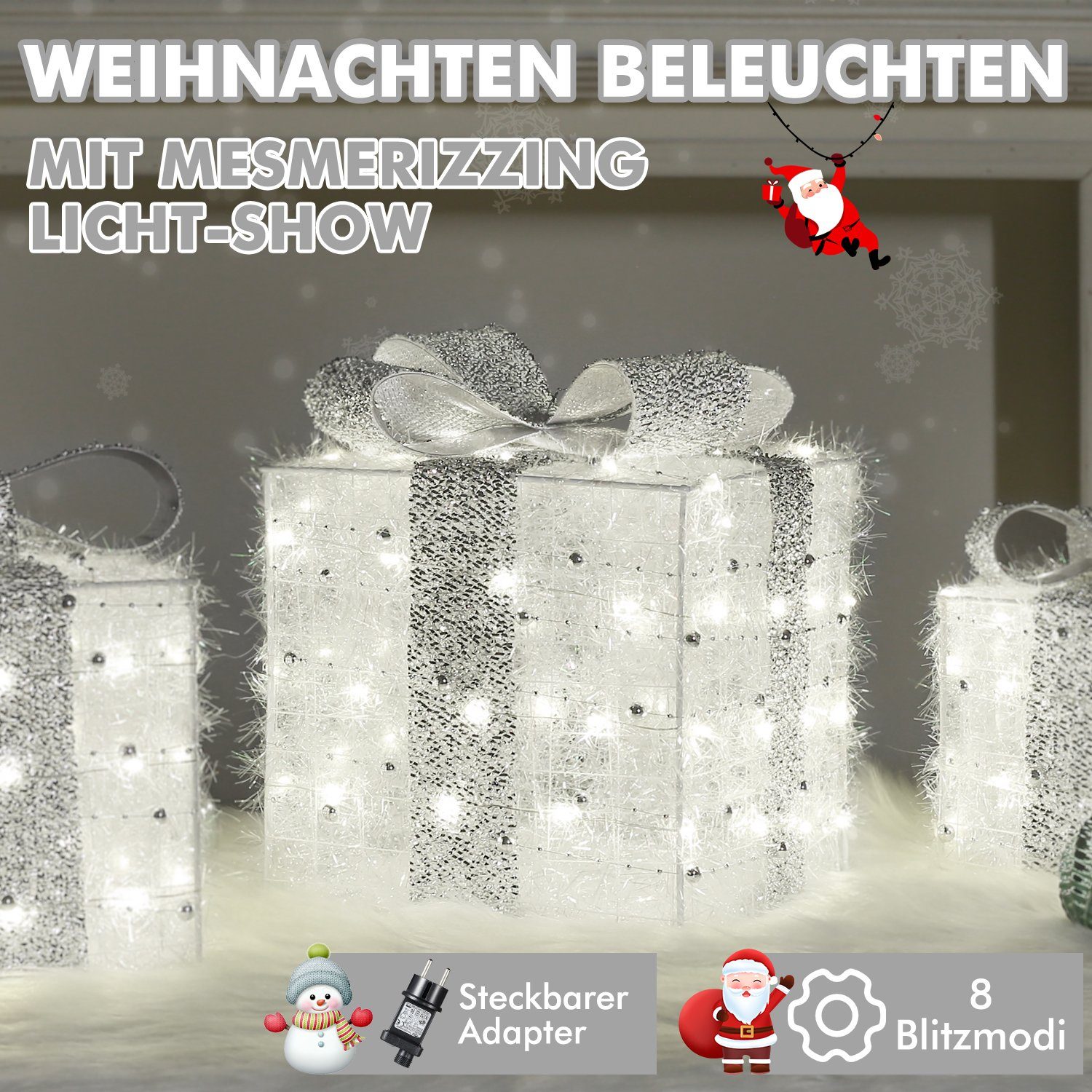 Quntis Weihnachtsfigur 3er Set LED Geschenkbox Weihnachten, Weihnachtsdeko mit Stecker, Timer (3 St), 60 warmweiße LEDs, Weihnachtsbeleuchtung für Baum, Fenster – Bild 5 von 5