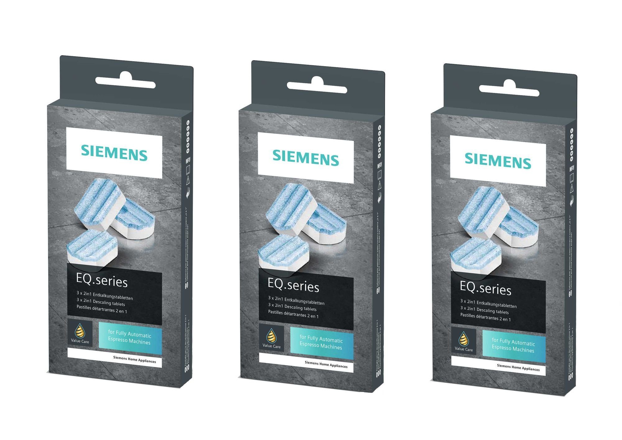 SIEMENS 3 Packungen TZ80002A (9 Tabs) Entkalkungstabletten (Spar-Set, [- 3× TZ80002A mit je 3 Tabs – insgesamt 9 originale Siemens Entkalker Entkalkungstabletten für Siemens EQ‑Series Kaffeevollautomaten)