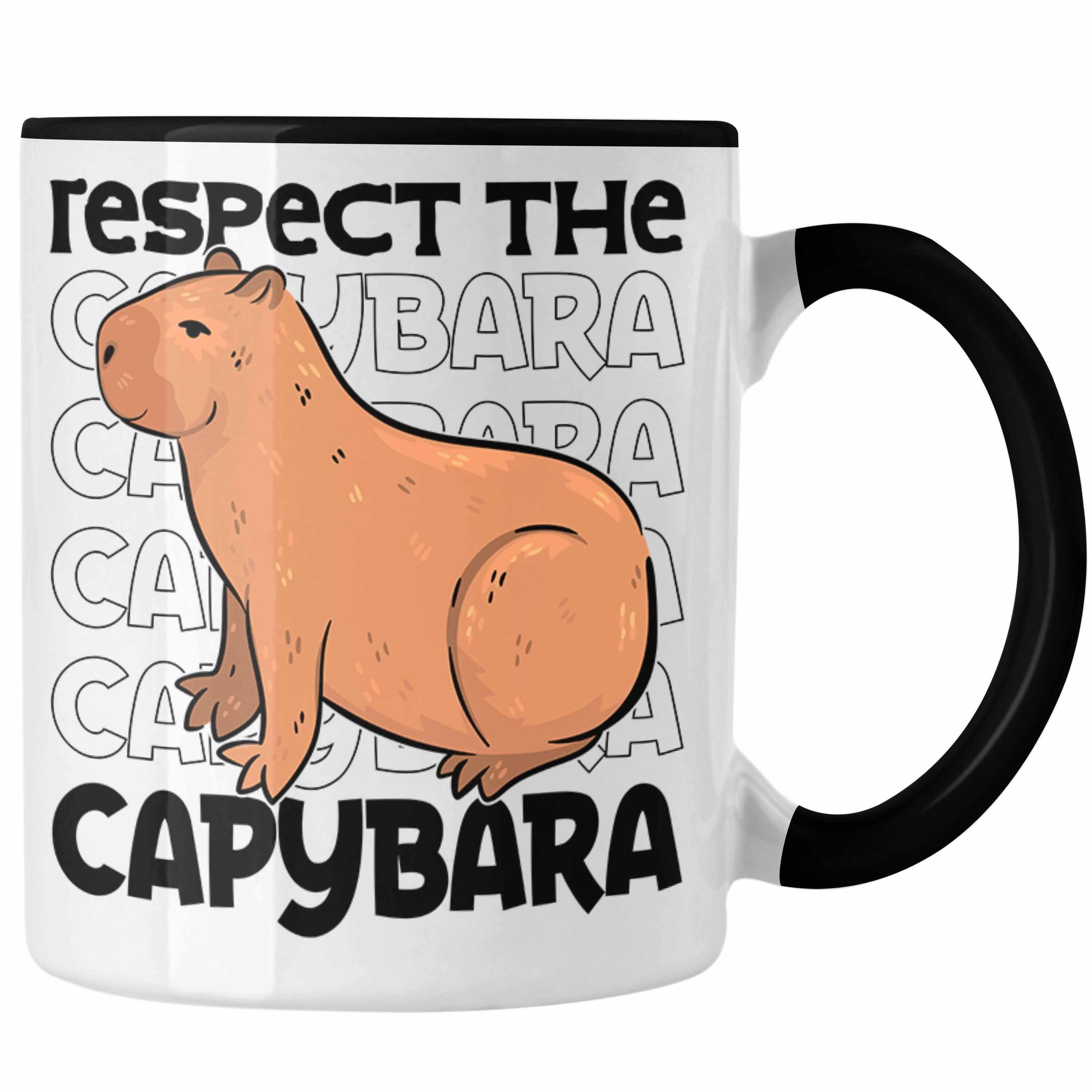 Trendation Tasse Respect The Capybara Tasse Capybara Tier Kaffeetasse Geschenk für Capy Schwarz