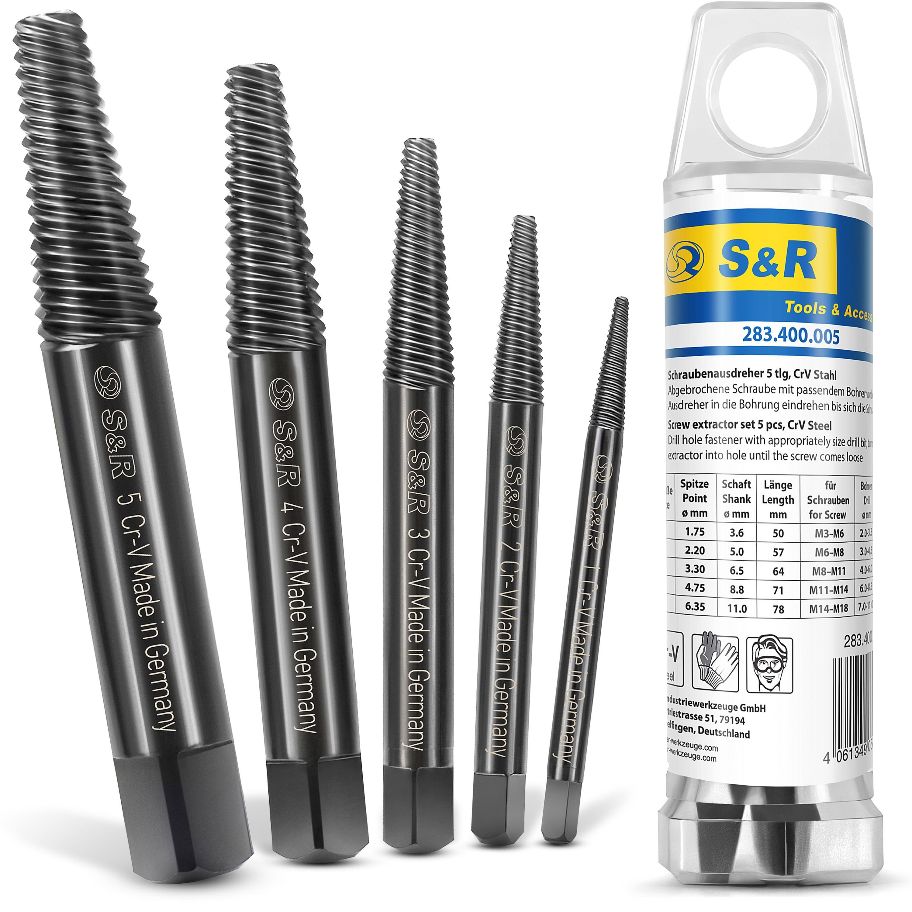 S&R Schraubendreher Schraubenausdreher Set, Ausdreher für defekte Schrauben, Bolzen etc., (Set, 5 St., 5-tlg. M3 bis M18 Gewinde), MADE IN GERMANY aus hitzegehärtetem, geschmiedetem ChromVanadium Stahl