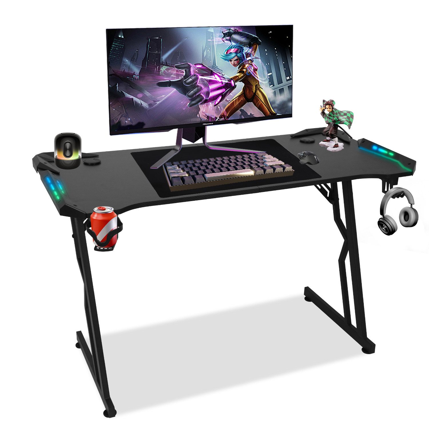 Clanmacy Gamingtisch Gaming Schreibtisch inkl. Mauspad, Stabiler PC-tisch (Inkl. Mauspad + LED-Licht + Fernbedienung, 120x60x75cm), Ergonomischer, Kabelmanagement