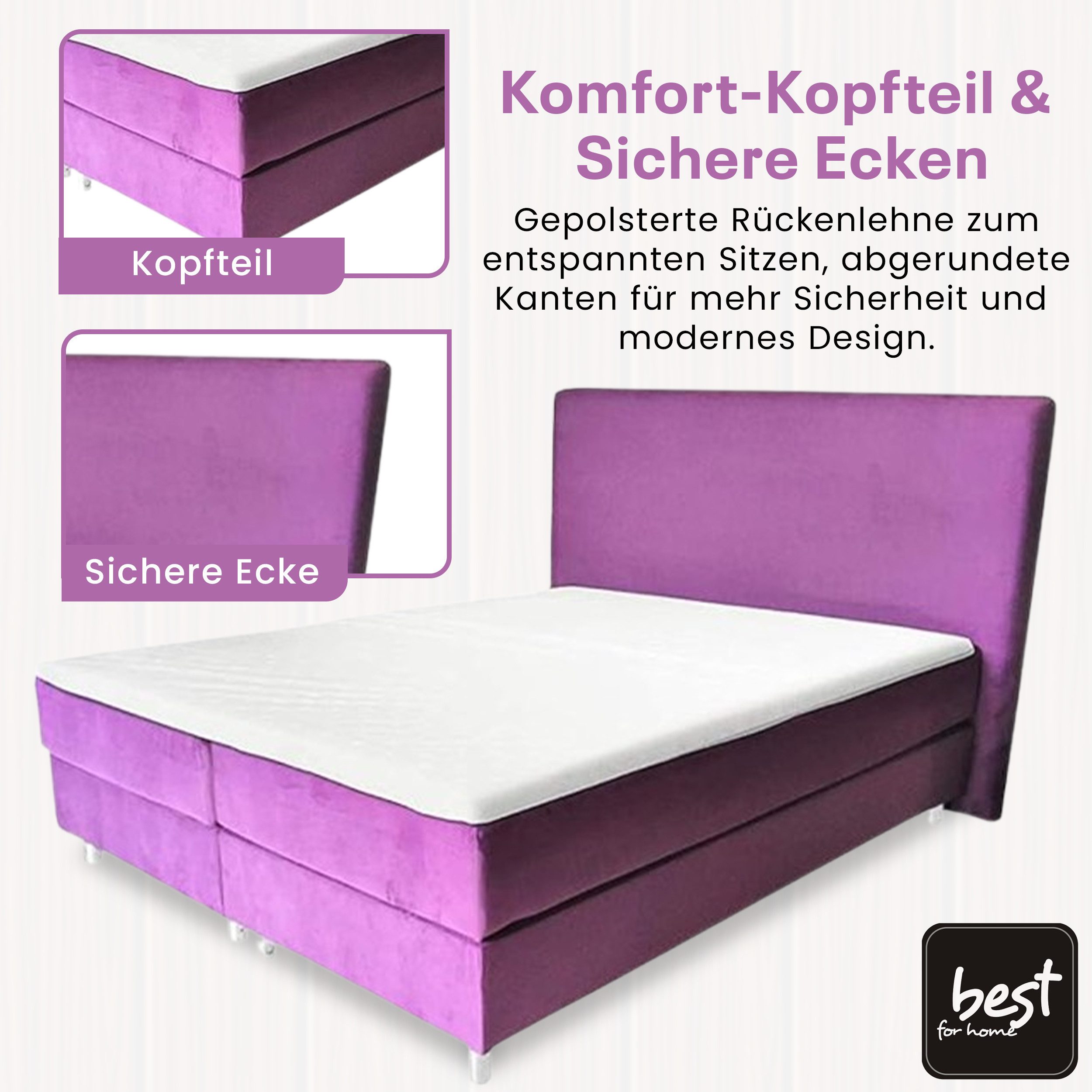 Best for Home Boxspringbett Amelia Polsterbett mit 7-Zonen-Taschenfederkernmatratze und Topper (Komplettset (Boxspringbett inkl. Matratze & Topper), 4-St., 140x200 160x200 180x200 200x200 cm), Handwerksqualität,TOP- Preis-Leistungs-Verhältnis