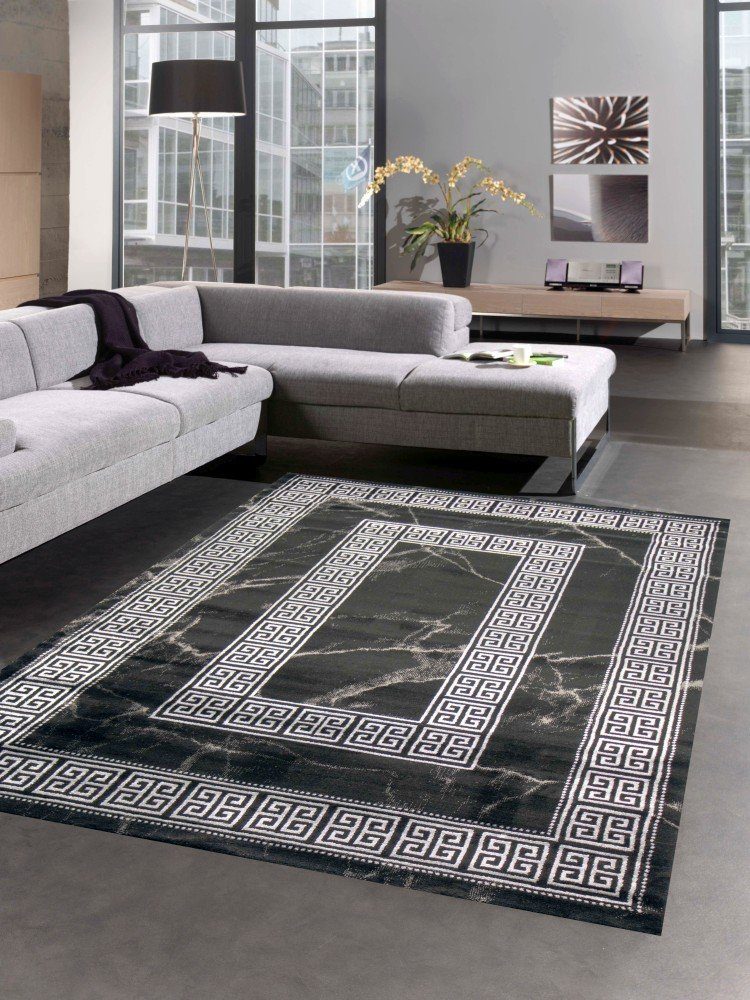 Teppich Teppich Wohnzimmer Marmor Optik mit Bordüre Mäander Muster schwarz  silber, Carpetia, rechteckig, Höhe: 12 mm