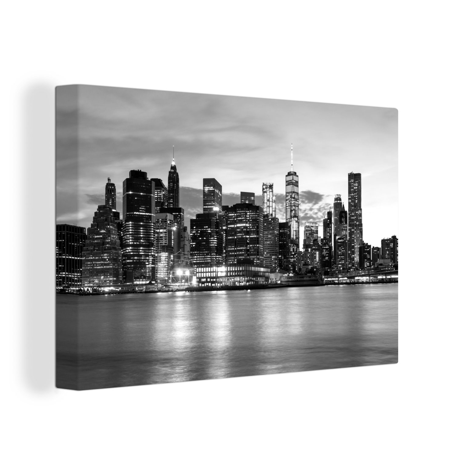 OneMillionCanvasses® Leinwandbild Skyline von New York City am Abend - schwarz und weiß, (1 St), Wandbild Leinwandbilder, Aufhängefertig, Wanddeko, 30x20 cm