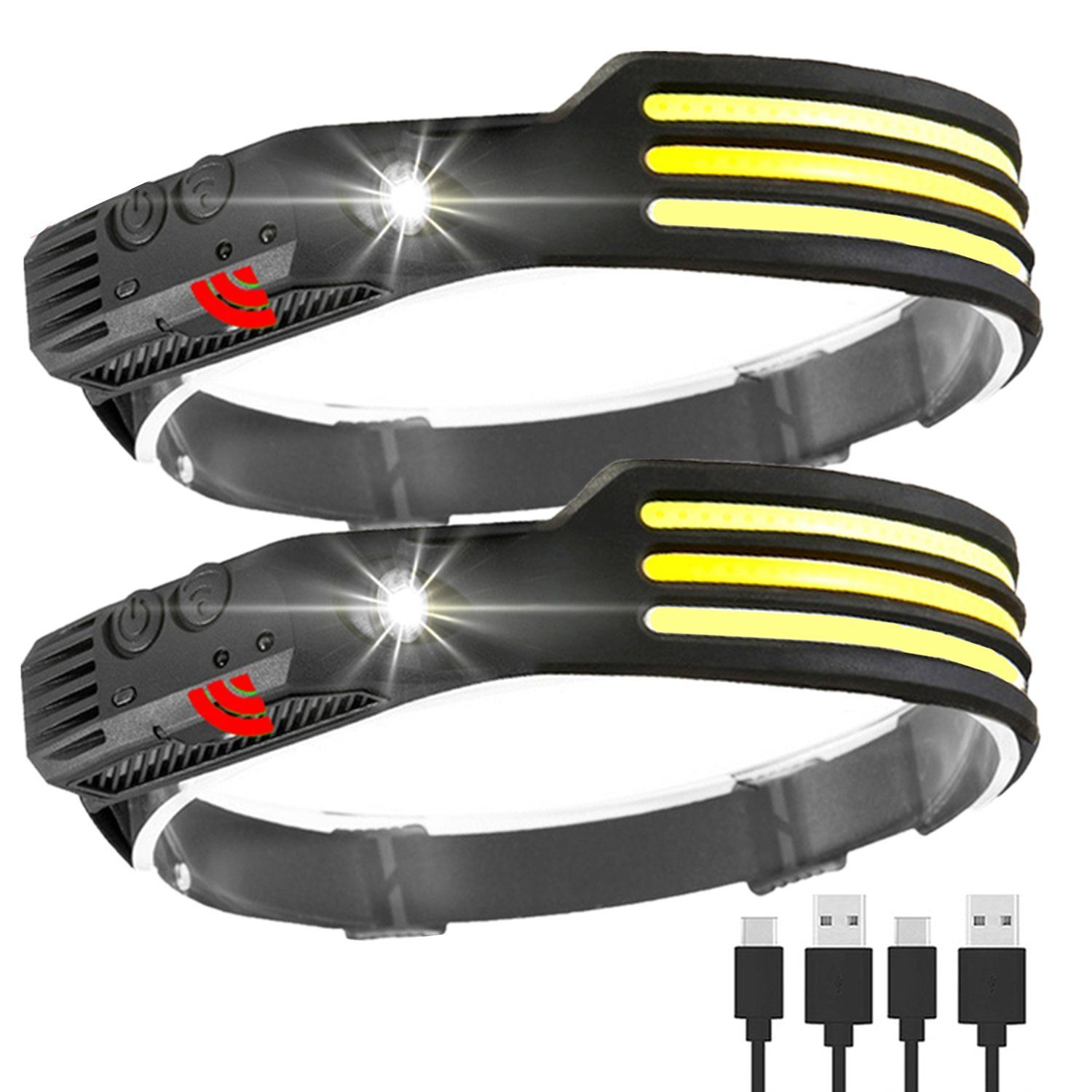 Olotos Stirnlampe LED COB mit Kopflampe Wiederaufladbar IPX4 (2 Sensor Set), Stück 5 Weitwinkel XPE 1500mAh 230°Ultra Licht Modi USB Wasserdicht Scheinwerfer