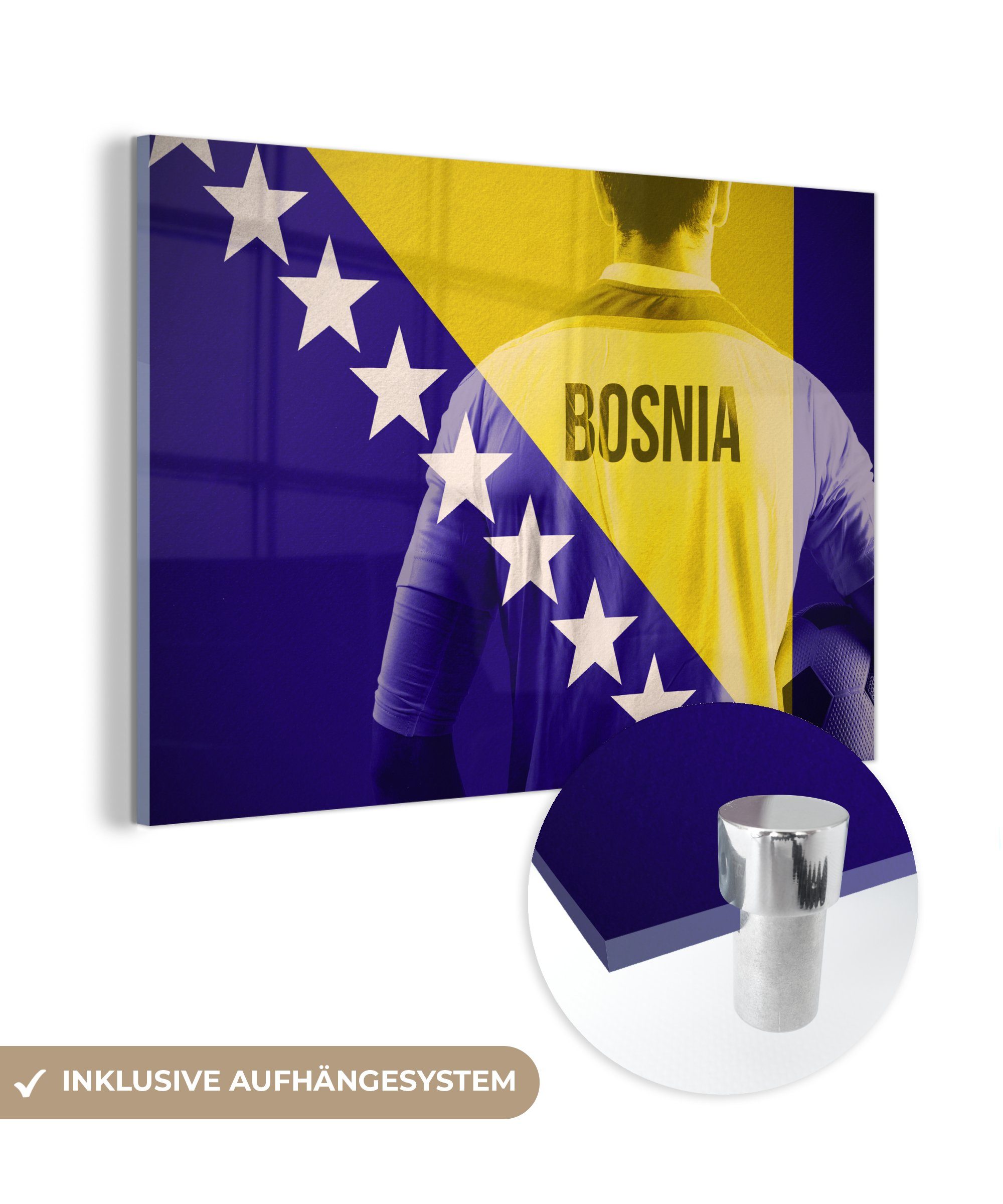 MuchoWow Acrylglasbild Fußballspieler hinter der Flagge von Bosnien und Herzegowina, (1 St), Acrylglasbilder Wohnzimmer & Schlafzimmer