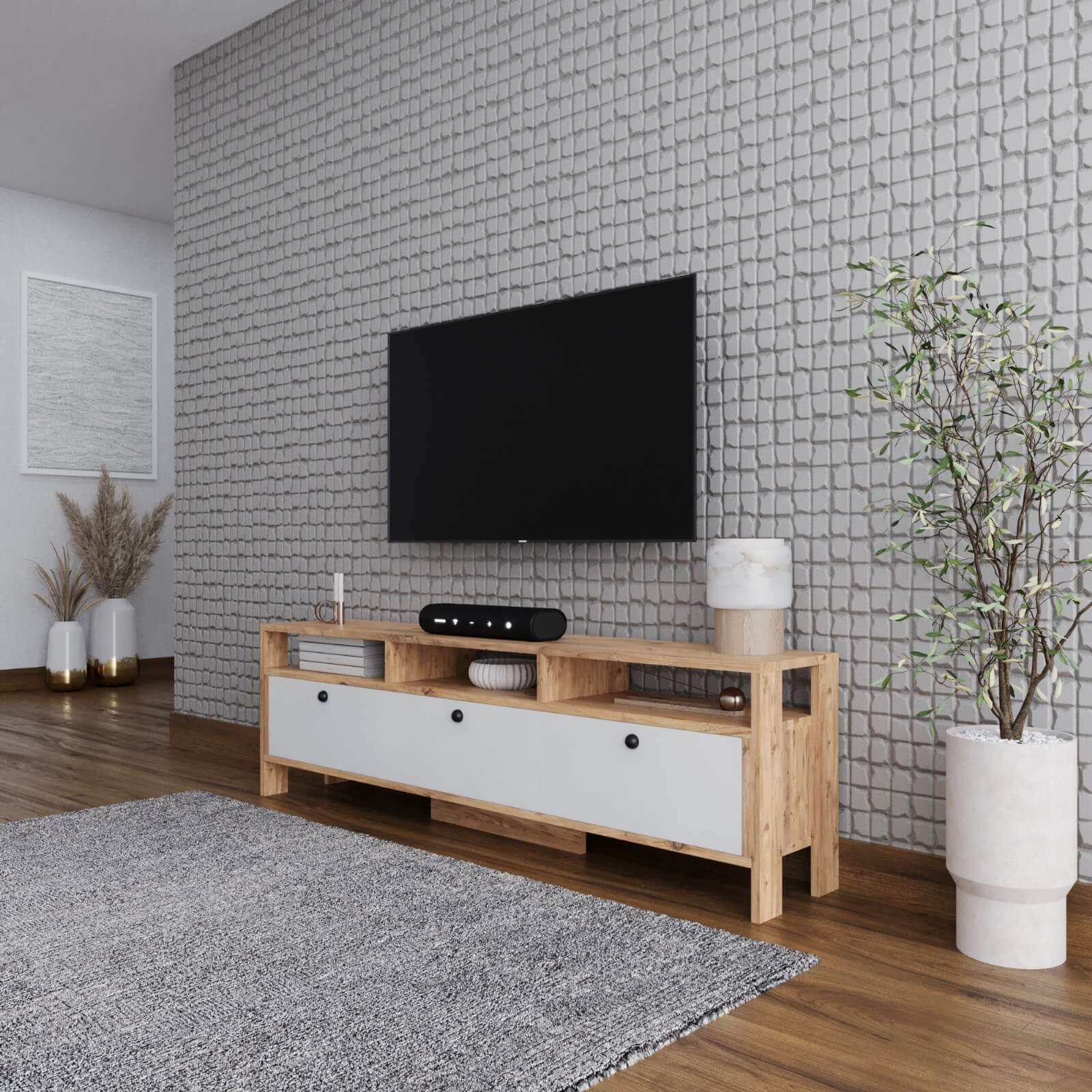 BDR Smart Home Art Lowboard Ibiza TV Board 3 Türen mit Regalen Atlantic Pine & Weiß