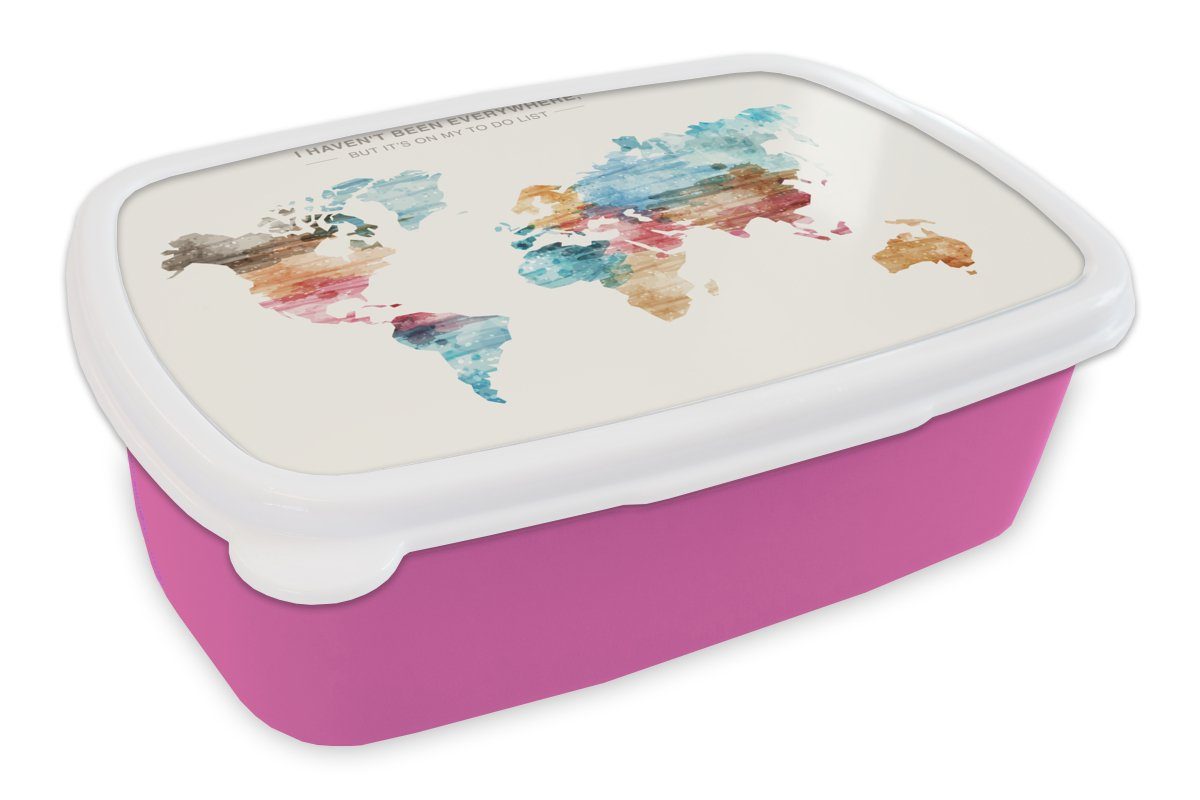 für Kinder Brotdose Kunststoff Aquarell Snackbox, Weltkarte Brotbox - - Bucket, - - Kinder, MuchoWow Jungen rosa Erwachsene, Mädchen Zitate Lunchbox (2-tlg), Mädchen, - Kunststoff, -