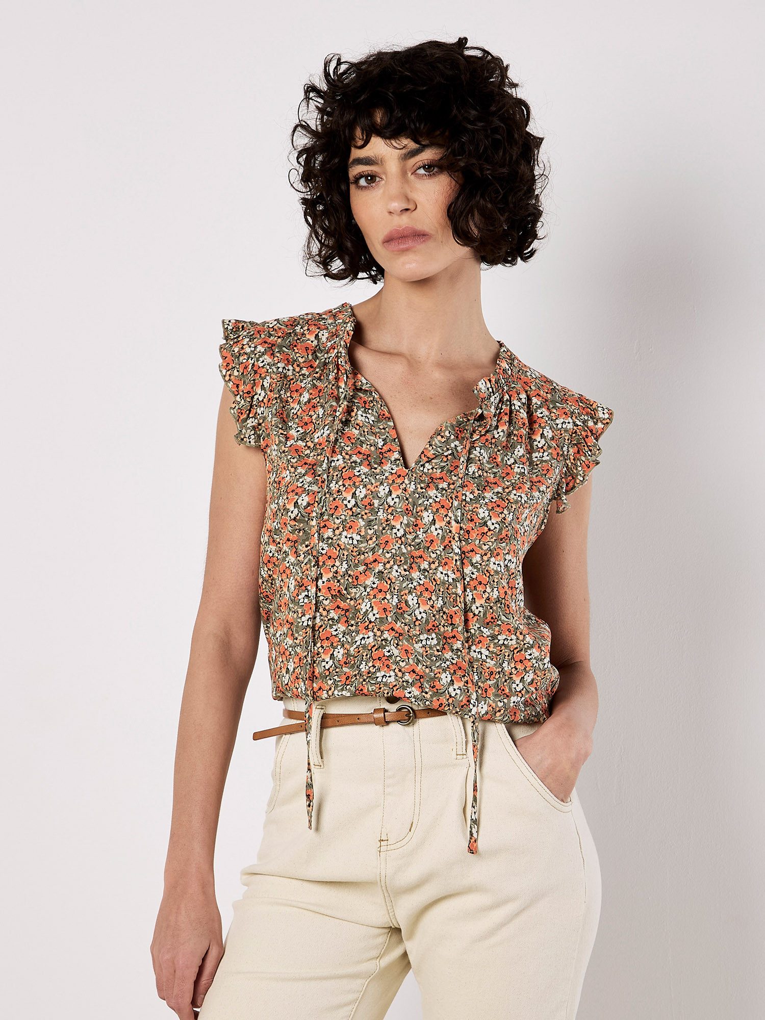 Apricot Blusentop Geblümtes Top mit Rüschensaum günstig online kaufen