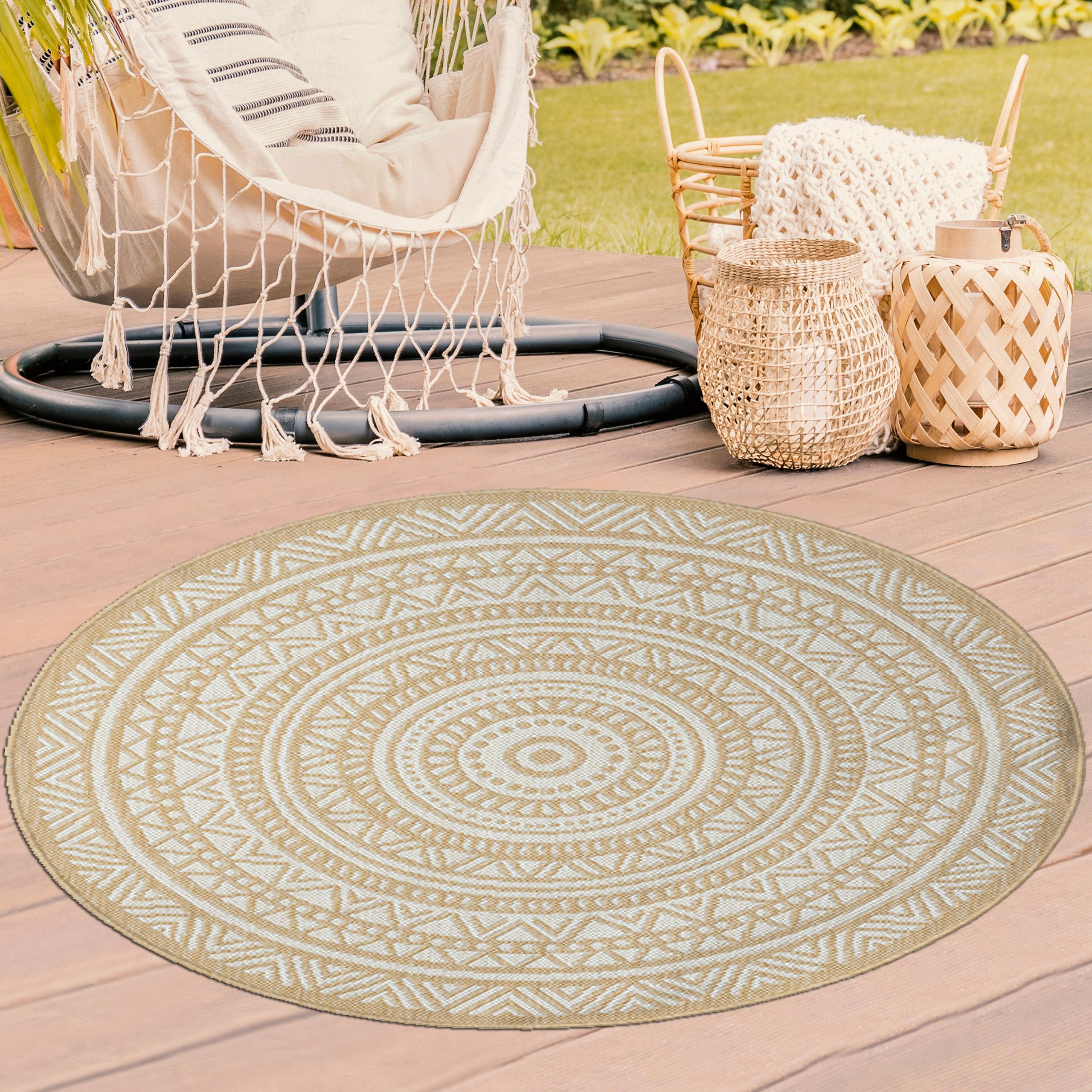 TeppichHome24 Outdoorteppich Runder Teppich mit Ethno-Muster in Beige und Weiß, siehe foto