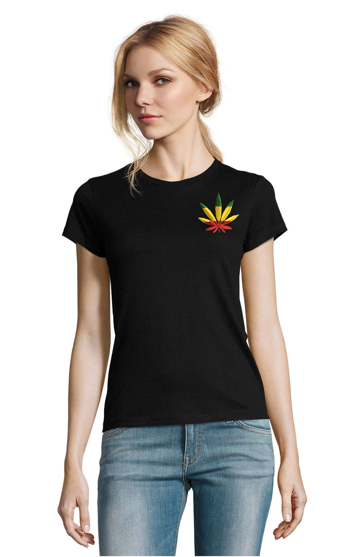 Blondie & Brownie T-Shirt Blondie Brownie Damen Shirt Hanf Weed Patch Reggae Jamaica Baumwolle (Einzelstück, Einzelartikel) Hanf Leaf Patch Damen Shirt Urban Fit