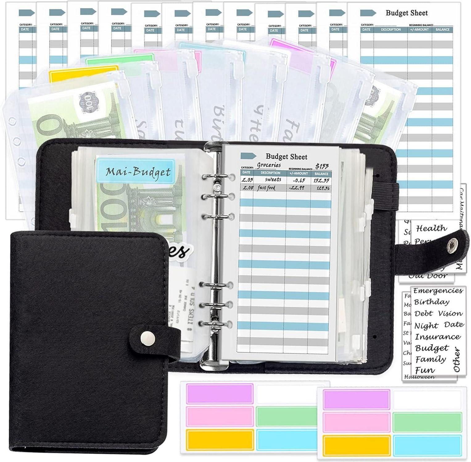 LuxusKollektion Notizbuch Schwarzer Wollfilz Budget Planner mit Geldorganizer A6 Ordner