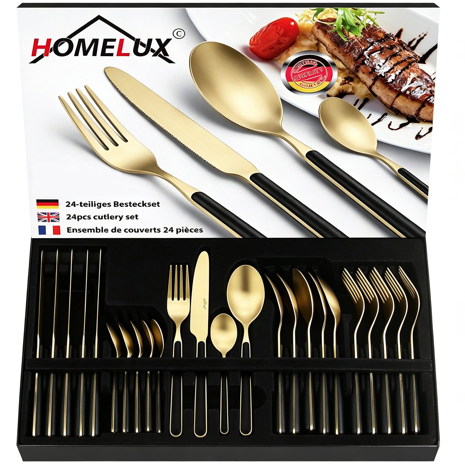 HOMELUX Besteck-Set 24tlg Besteck set,elegante Stilsicherer Optik,ergonomisch,Gold (24-tlg), 6 Personen, Edelstahl, Edelstahl,Titan-Beschichtung,Matt poliert,hochwertiger Besteckkasten
