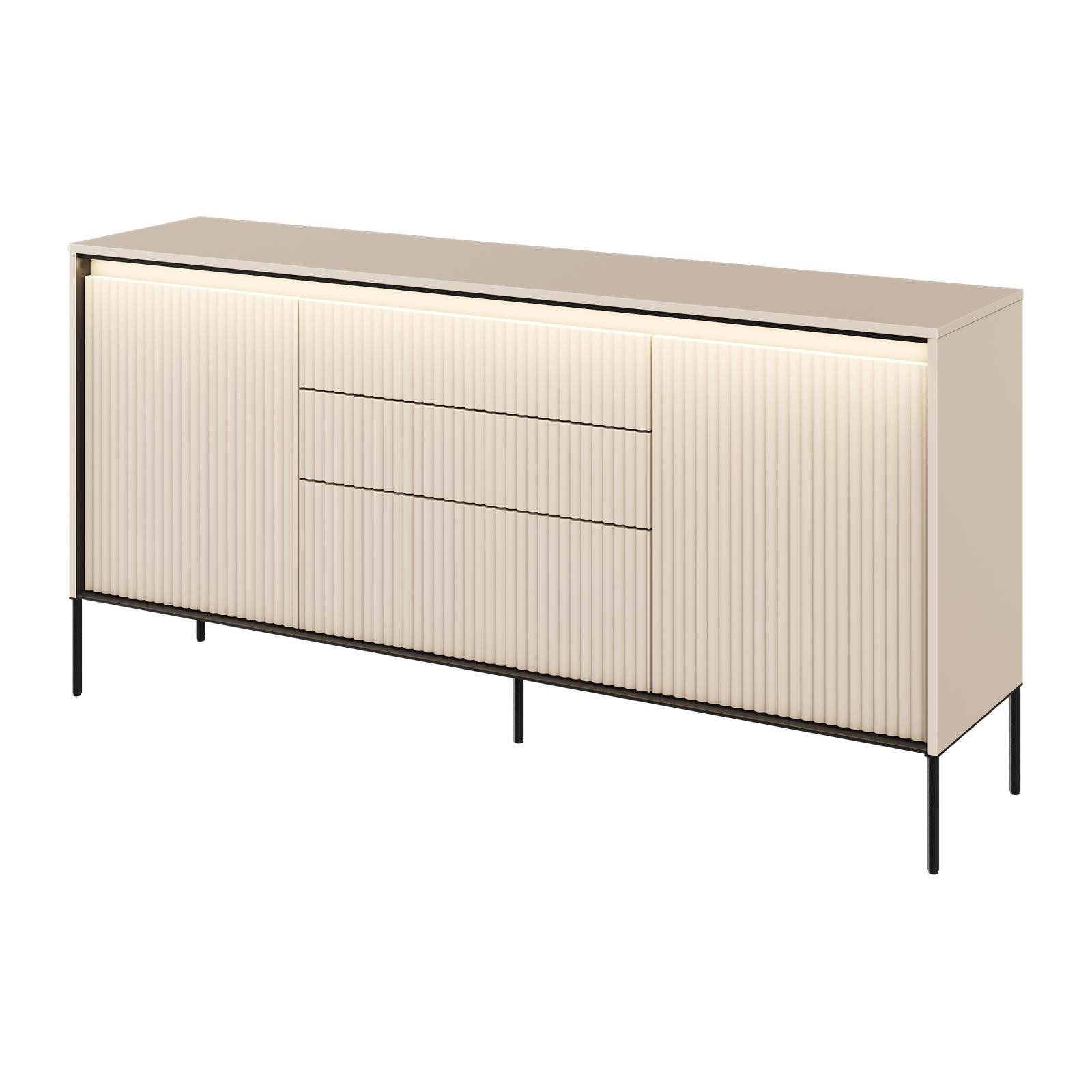 HAUSELEMENT Kommode TREND TR-01, 3 Schubladen 2 Türen LED-Beleuchtung Sideboard 166 cm Modern Geriffelt