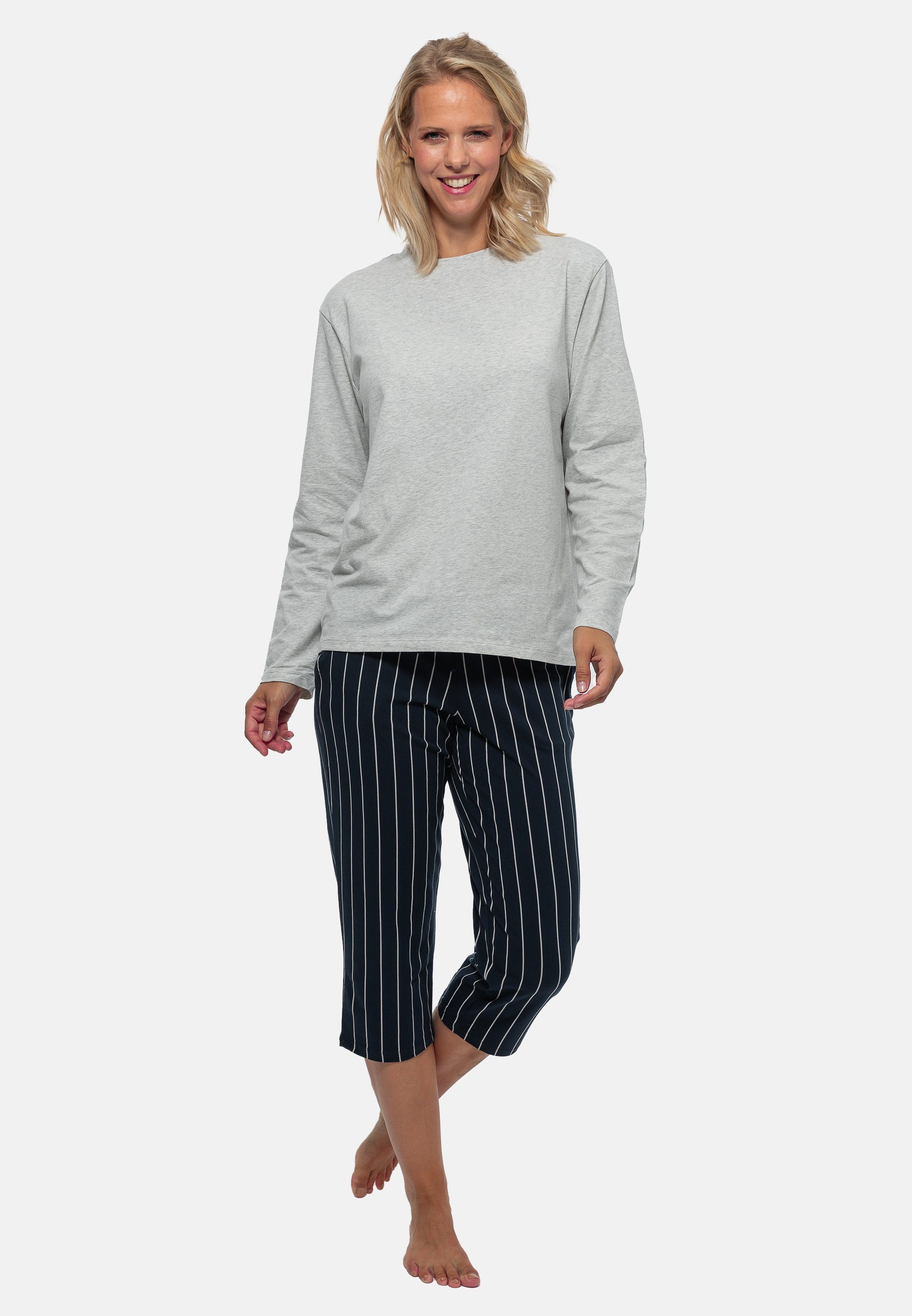 Schiesser Pyjama Organic Schlafanzug (Set, / Cotton Baumwolle Blau gestreift Grau - 2 - tlg)