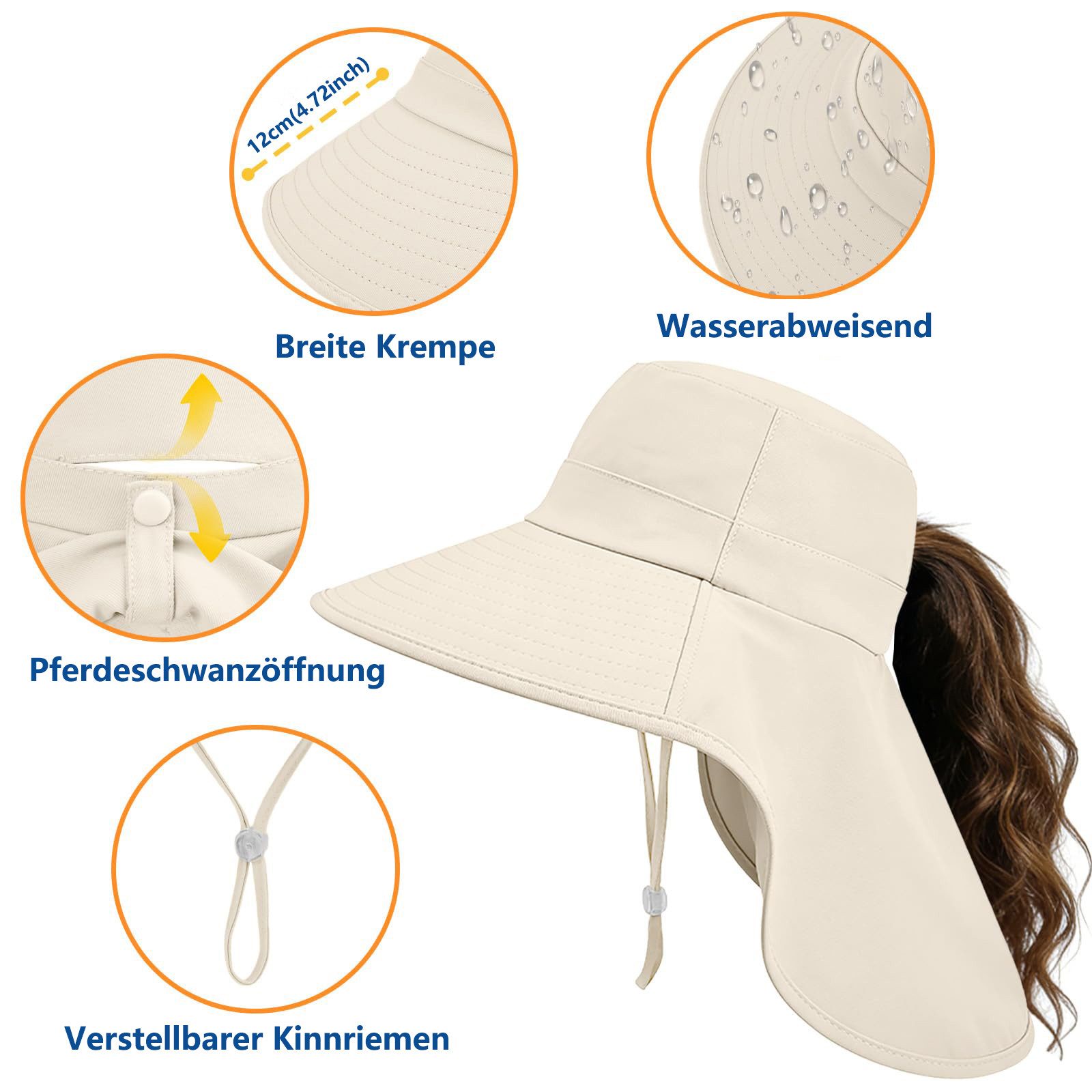 FOUORTUNATE-BEE Sonnenhut Sonnenhut für Damen mit Nackenschutz und Pferdeschwanzöffnung (rollbarer Damen-Sonnenhut, Anglerhut mit breiter Krempe)