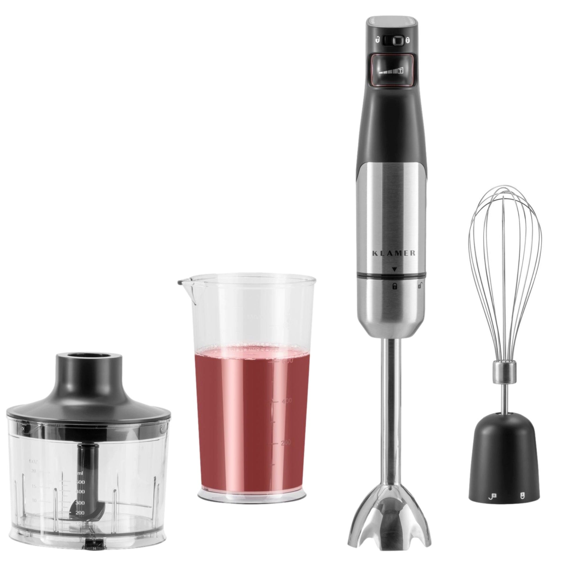KLAMER Stabmixer Set 1000 Watt, 4 in 1 Pürierstab Edelstahl mit SmartSpeed per Fingerd…, 1000 W, Kindersicher, stufenlos regelbar, Quick-Lock-Turn-System, 4 Klingen