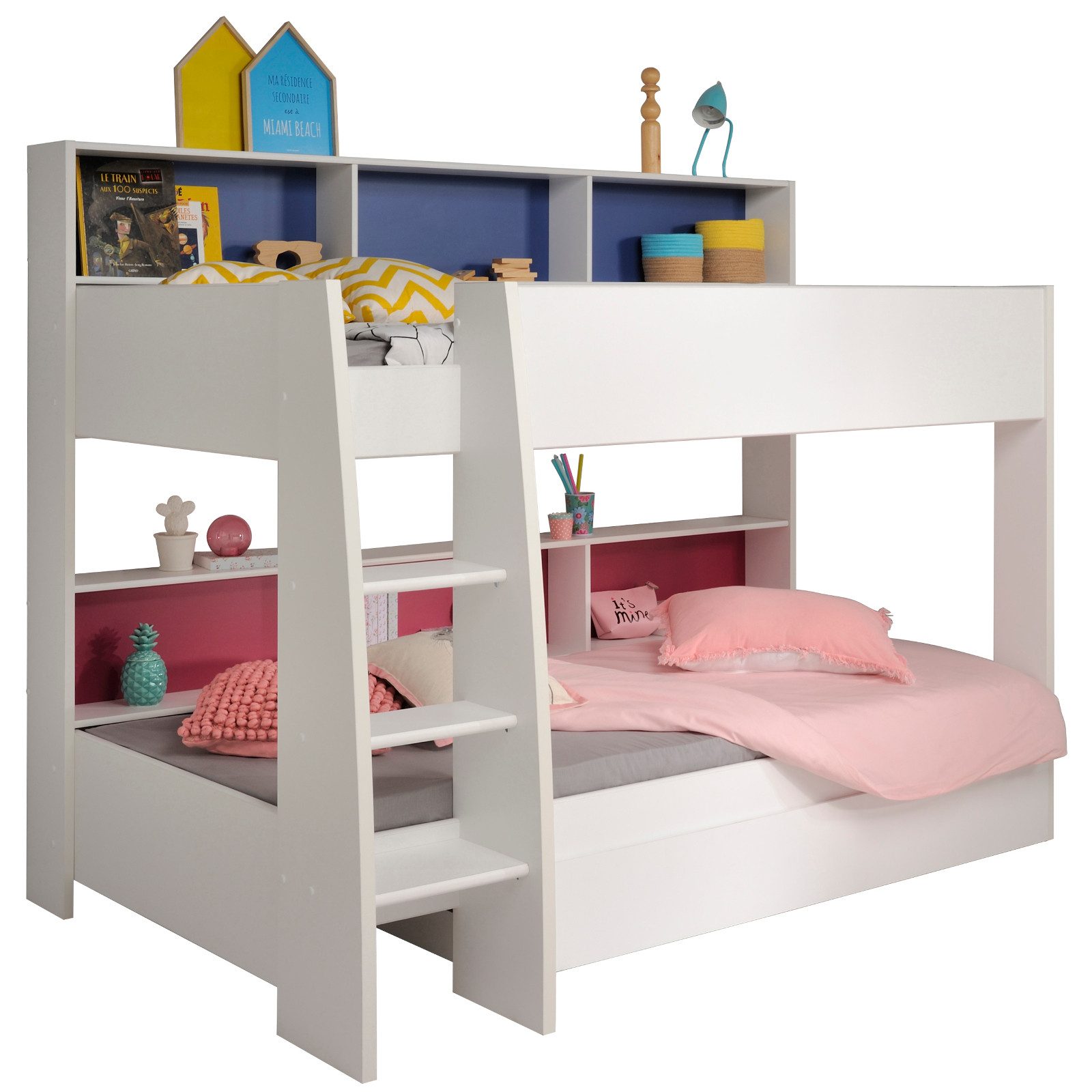 Parisot Etagenbett TamTam (Hochbett in weiß mit rosa oder blau, inkl. Bettschubkasten), kein Lattenrost erforderlich
