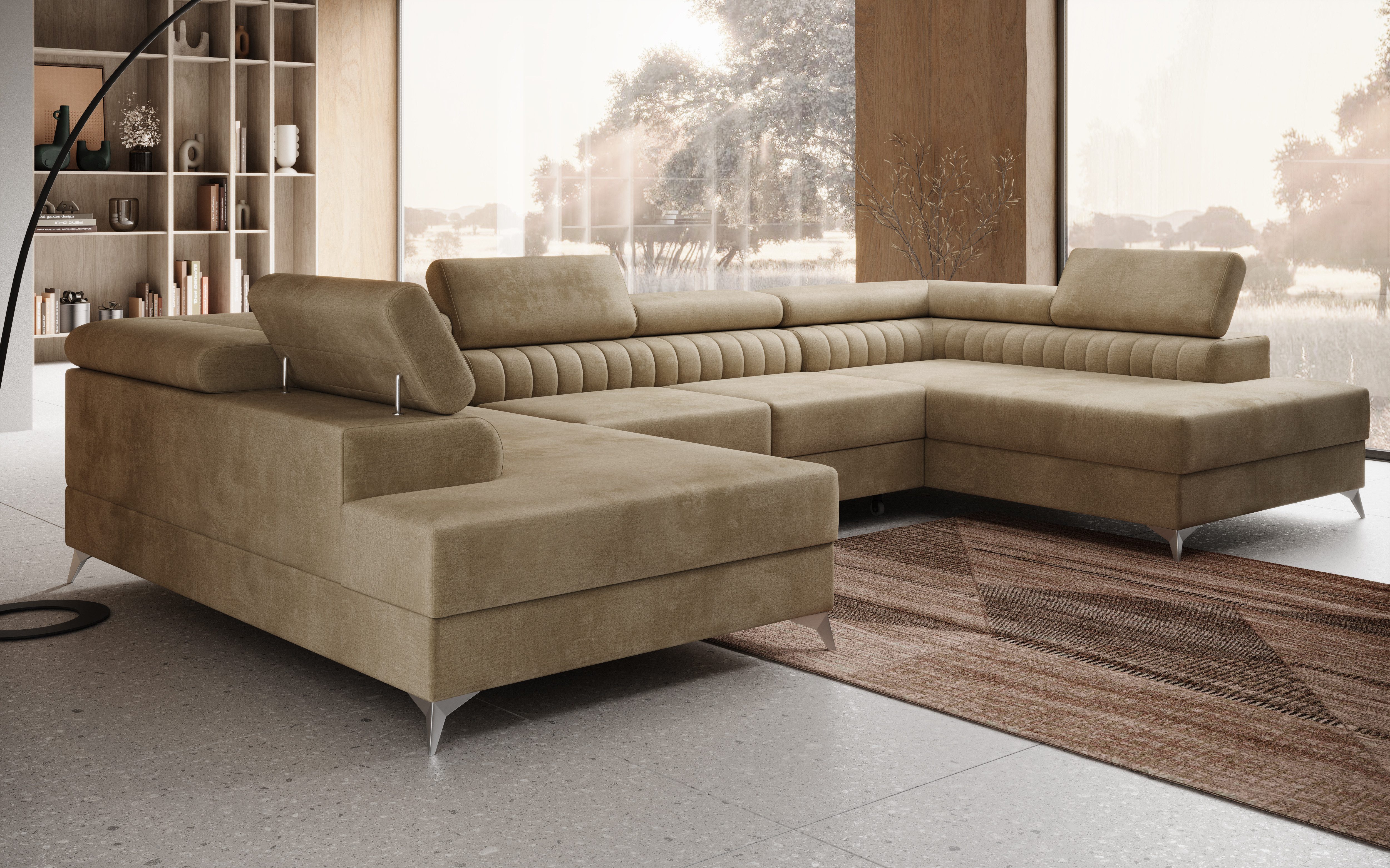 thematys Ecksofa PRATO U 355 x 204cm mit Schlaffunktion & Bettkasten –, U-Sofa mit 4 verstellbaren Kopfstützen, Samt (Monolotith), oder Bouclé (Quelle), - U-Form, XL-Wohnlandschaft, 355 cm breit