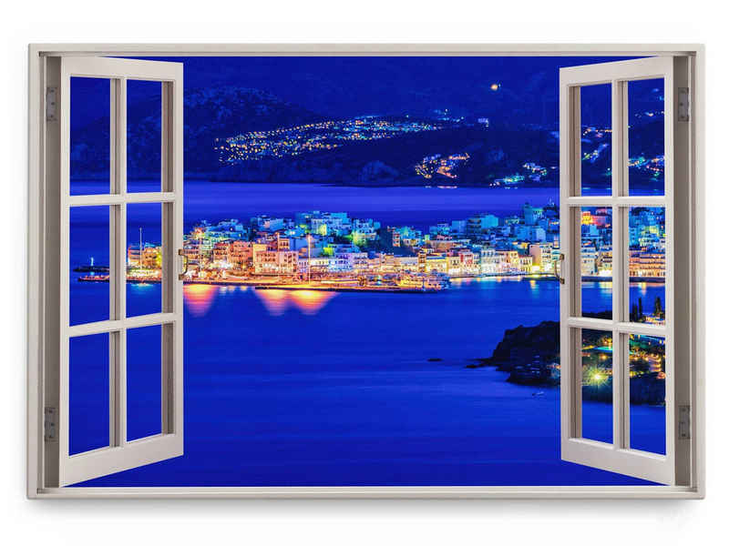 Sinus Art Leinwandbild Wandbild 120x80cm Fensterbild Küstenstadt bei Nacht Blau Dunkelblau St, (1 St)
