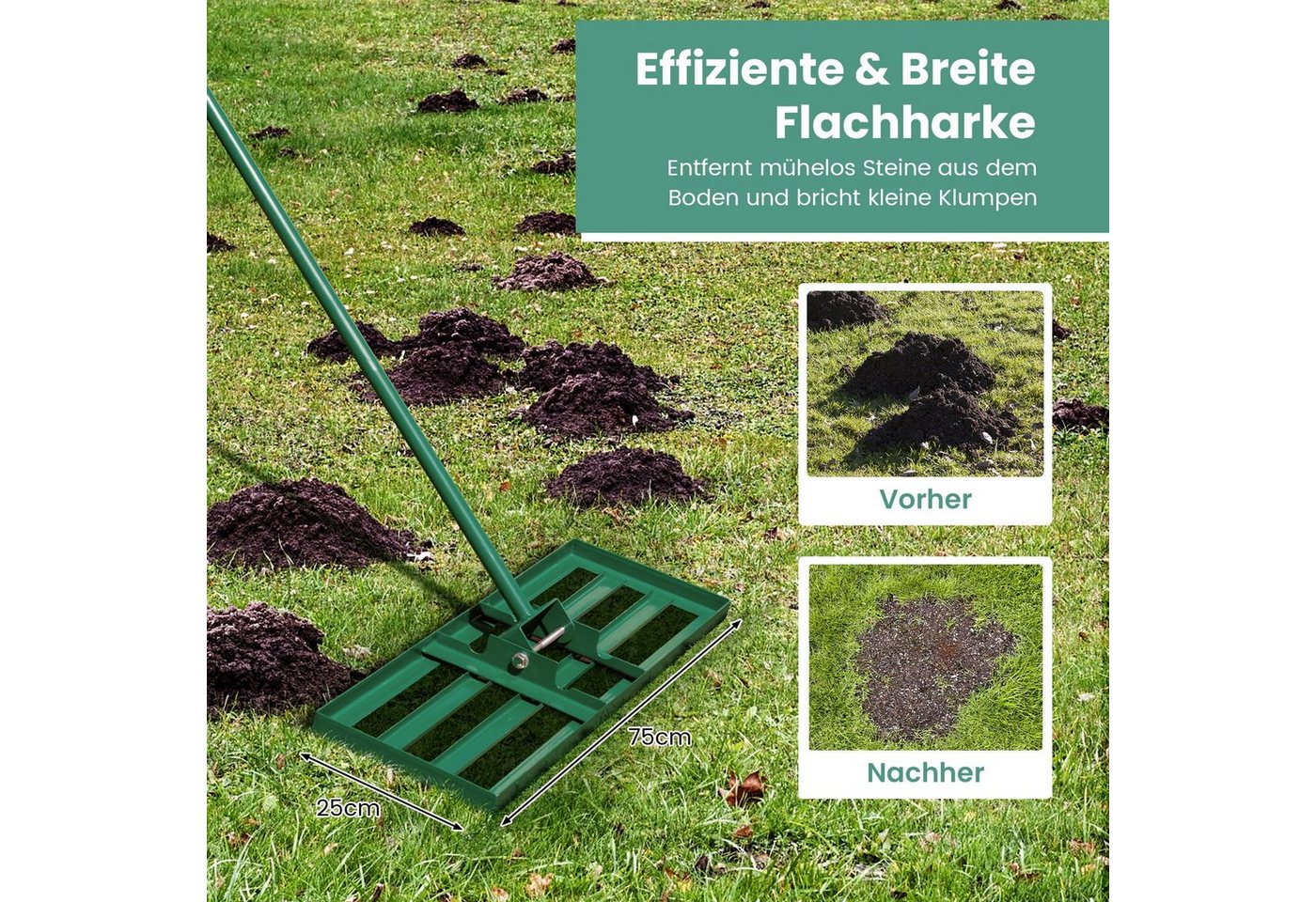 Thumbnail - COSTWAY Rasenrechen, mit 170,00 cm langem Stiel, 75 x 25cm, Rasenwerkzeug mit Griff, Metall