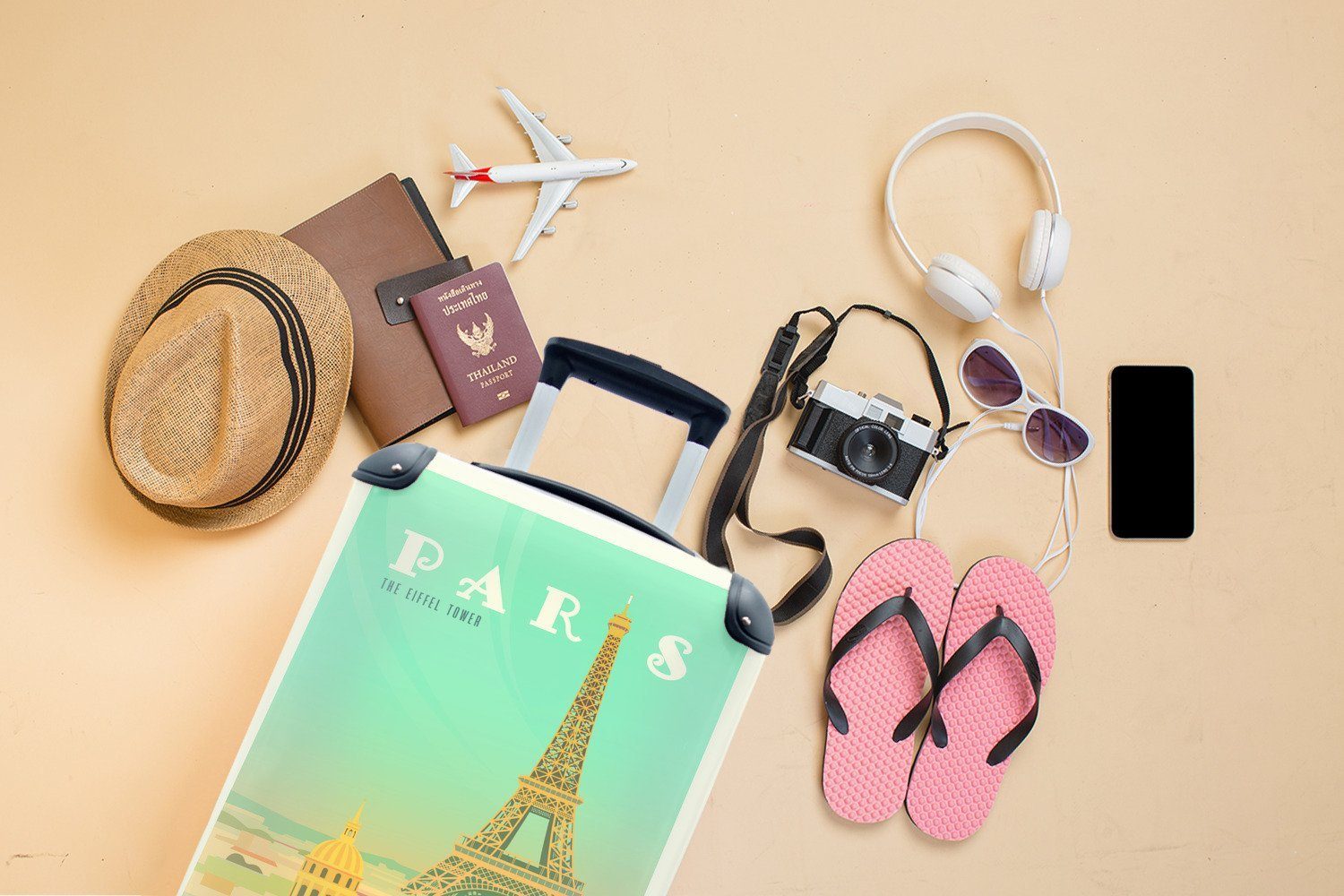 Handgepäckkoffer 4 Handgepäck MuchoWow in Ferien, Reisetasche Paris, mit rollen, Eiffelturms Illustration Rollen, des Reisekoffer für Trolley,