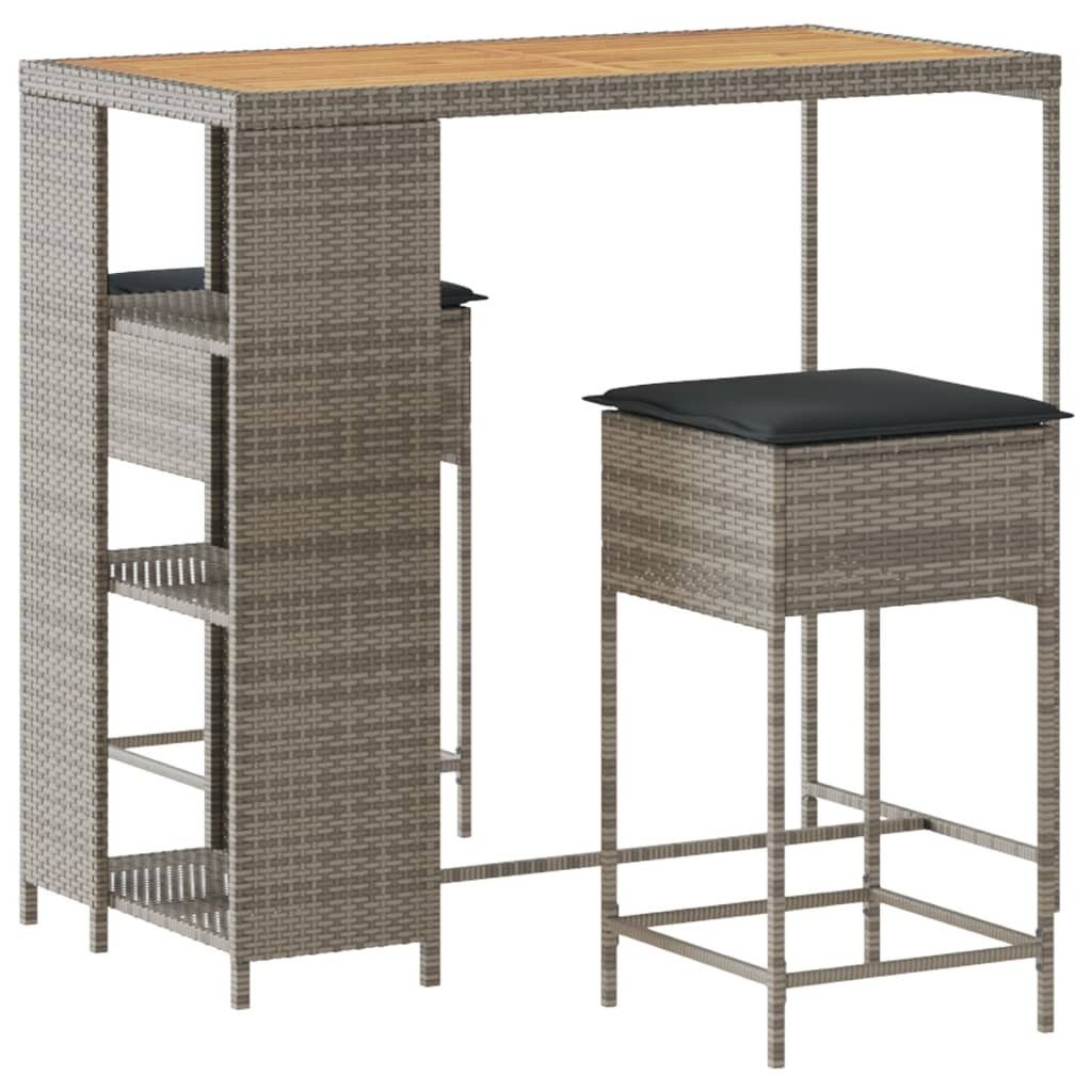 vidaXL Gartenlounge-Set 3-tlg. Gartenbar-Set mit Kissen Grau Poly Rattan, (2-tlg)