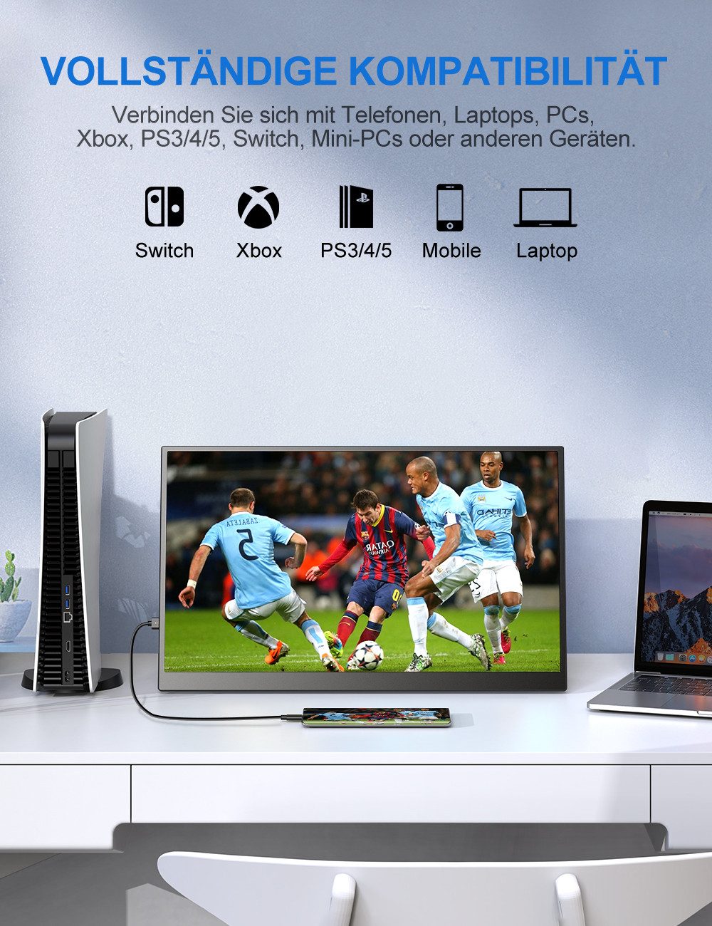 UPERFECT Tragbarer Monitor, Gaming Monitor, 100 % sRGB, LCD-Bildschirm Portabler Monitor (47 cm/18.5 ", 1920 x 1080 px, Full HD, 14 ms Reaktionszeit, 120 Hz, IPS)