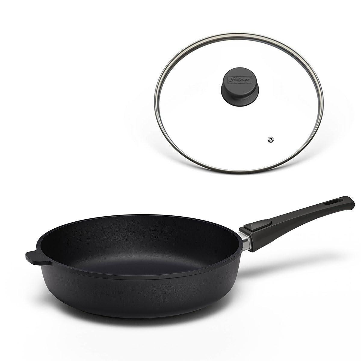 Hoffmann Germany Bratpfanne STONIQ PFAS-frei Ø 24 cm hoher Rand mit Deckel – Made in Germany, Aluguss (Set, 2-tlg., 1x Pfanne Ø 24 cm mit hohem Rand + 1x Deckel), abnehmbarer Griff, backofenfest bis 300°C, Induktion Schmorpfanne