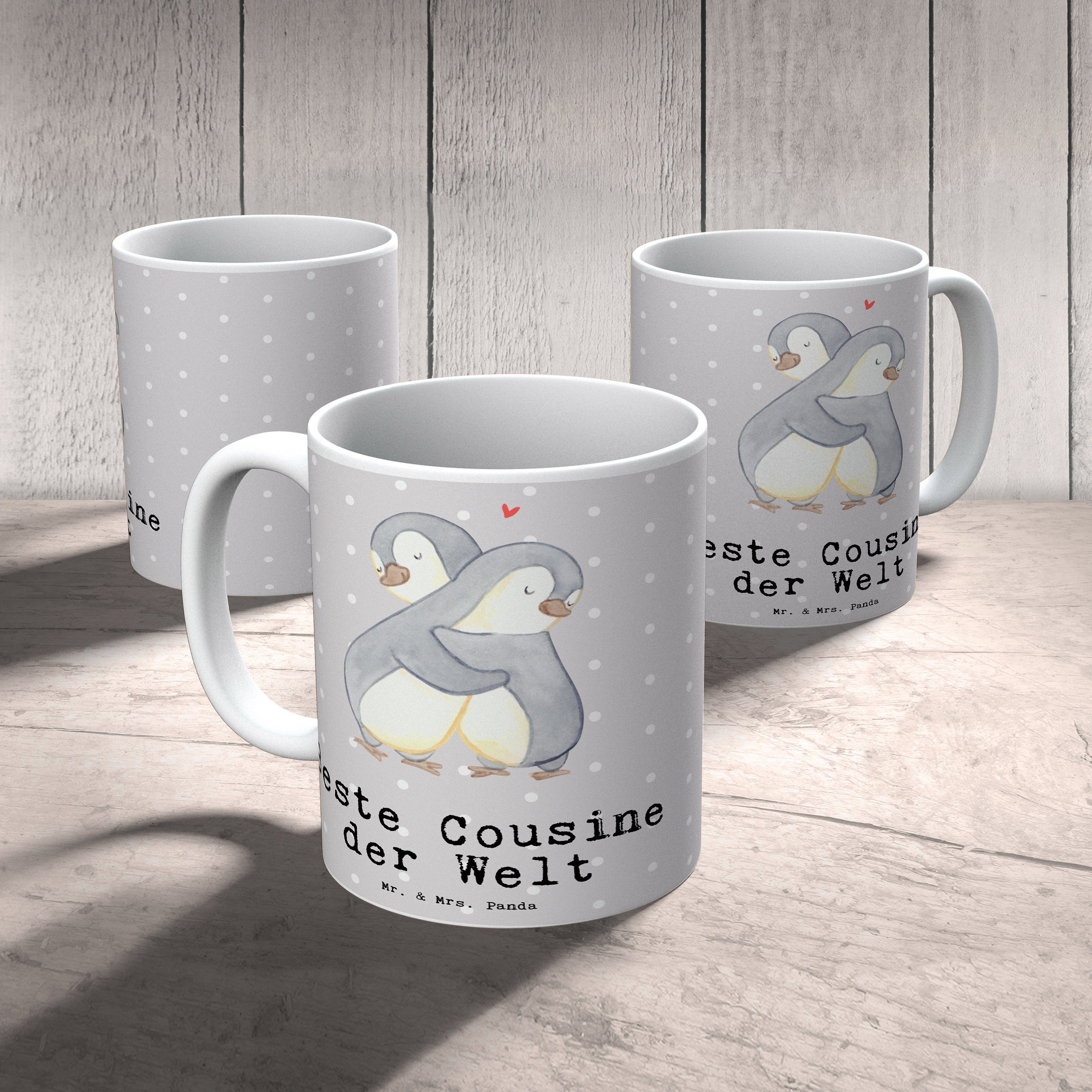 der Mrs. & Tasse, Cousine Mr. Panda Welt Geschenk, Pastell - Beste Sche, Pinguin Grau Tasse Keramik -