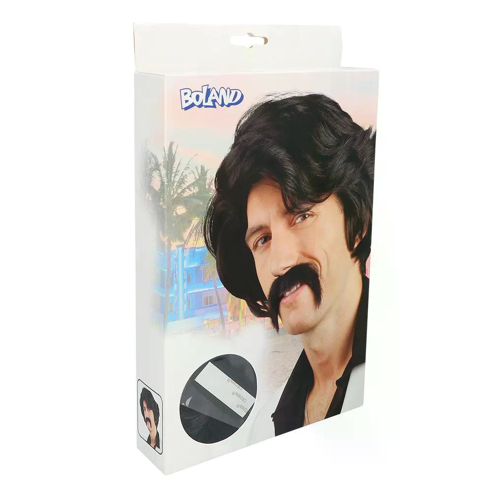 Boland Kostüm-Perücke Perücke Chuck schwarz Herren mit Schnurrbart Retro Kostümset 70er, Authentischer 70er Jahre und Disco-Look
