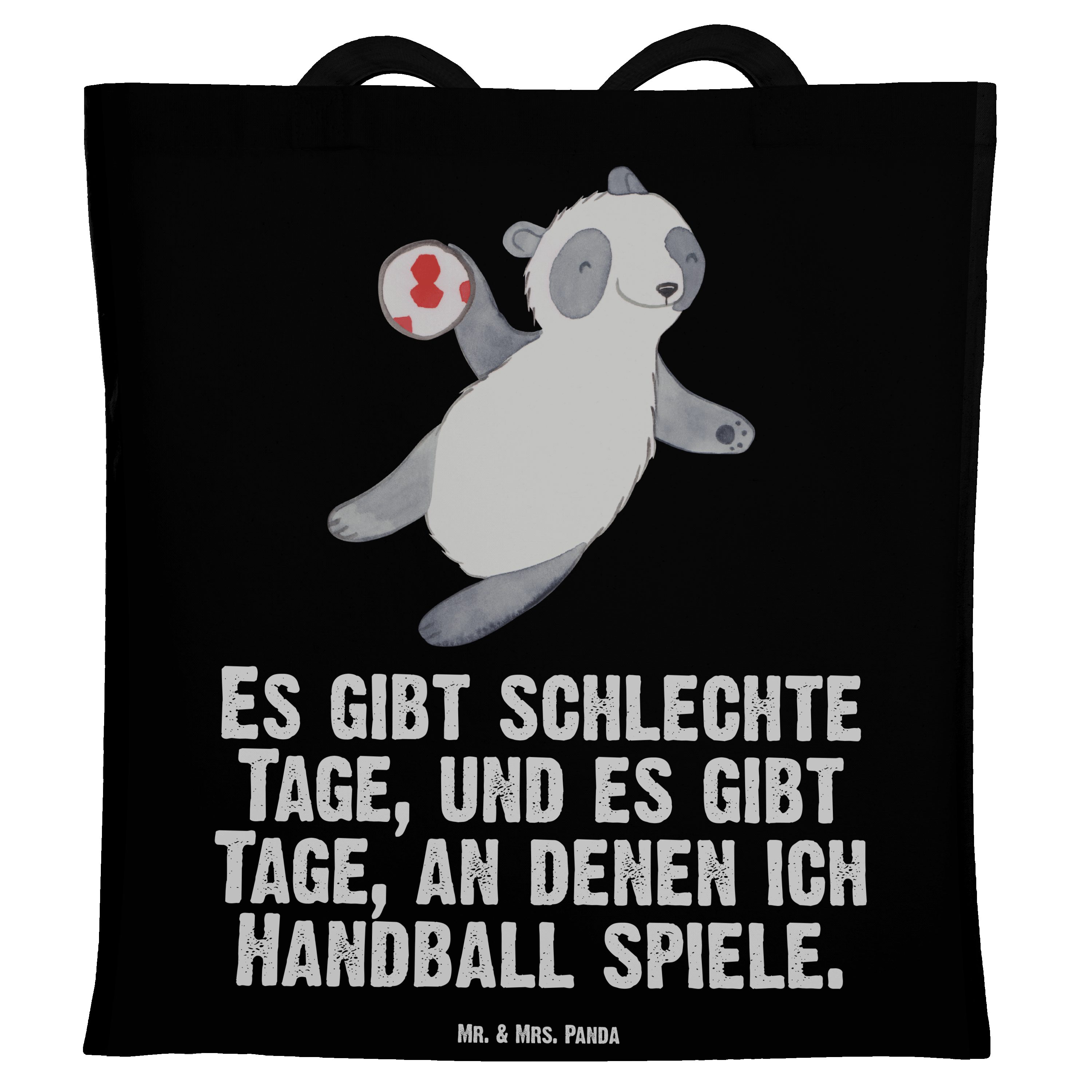 Mr. & Mrs. Panda Tragetasche Panda Handball spielen Tage - Schwarz - Geschenk, Jutebeutel, Beutelt (1-tlg)
