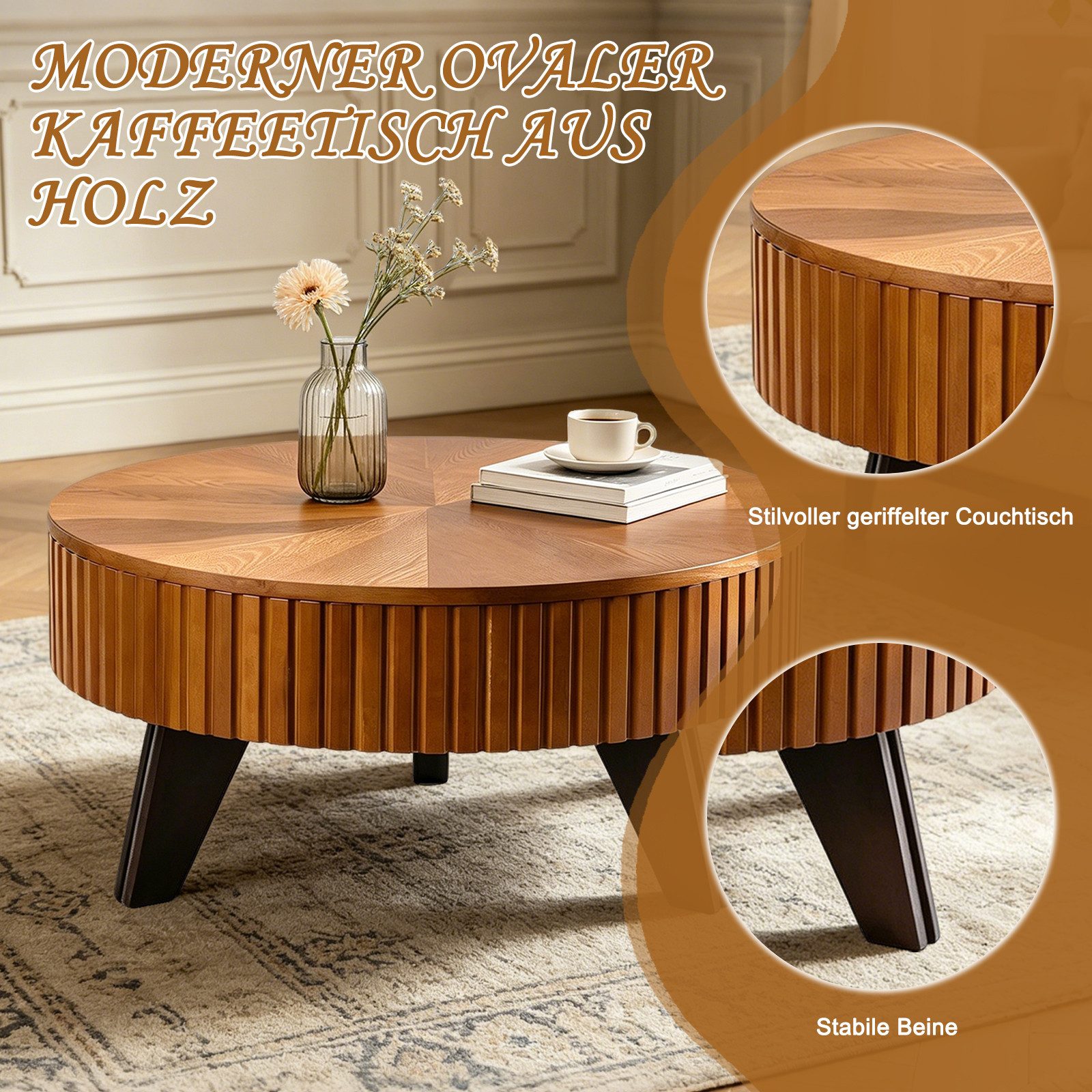 TWSOUL Couchtisch Runder Couchtisch mit Stauraum, Moderner Wohnzimmertisch Holzoptik, mit Rillenstruktur, Sofatisch mit Klappdeckel, Stabil & Pflegeleicht