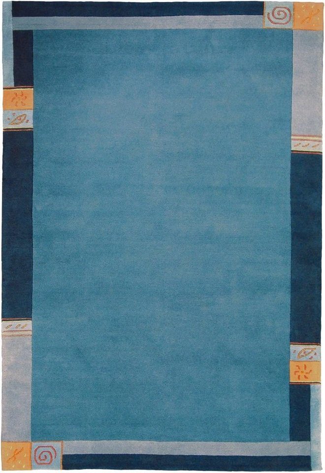 Teppich Nepal Teppich modern Design, blau, LUXOR living, Rechteckig, Höhe:  15 mm, Handgeknüpft mit Bordüre, für Wohnzimmer, Esszimmer, Schlafzimmer