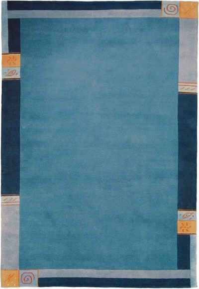 Teppich Nepal Teppich modern Design, blau, LUXOR living, Rechteckig, Höhe: 15 mm, Handgeknüpft mit Bordüre, für Wohnzimmer, Esszimmer, Schlafzimmer