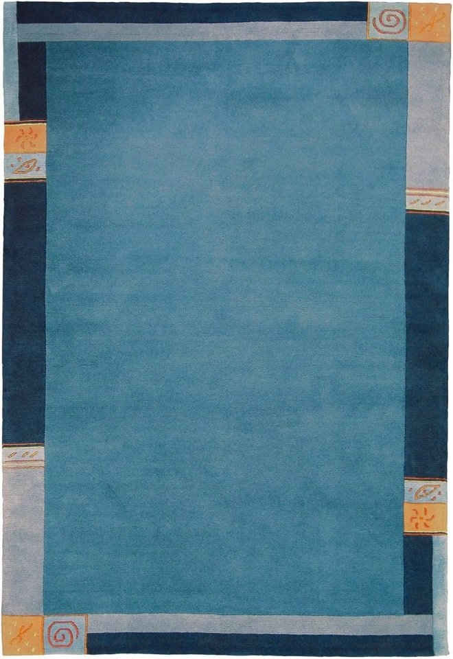 Teppich Nepal Teppich modern Design, blau, LUXOR living, Rechteckig, Höhe: 15 mm, Handgeknüpft mit Bordüre, für Wohnzimmer, Esszimmer, Schlafzimmer