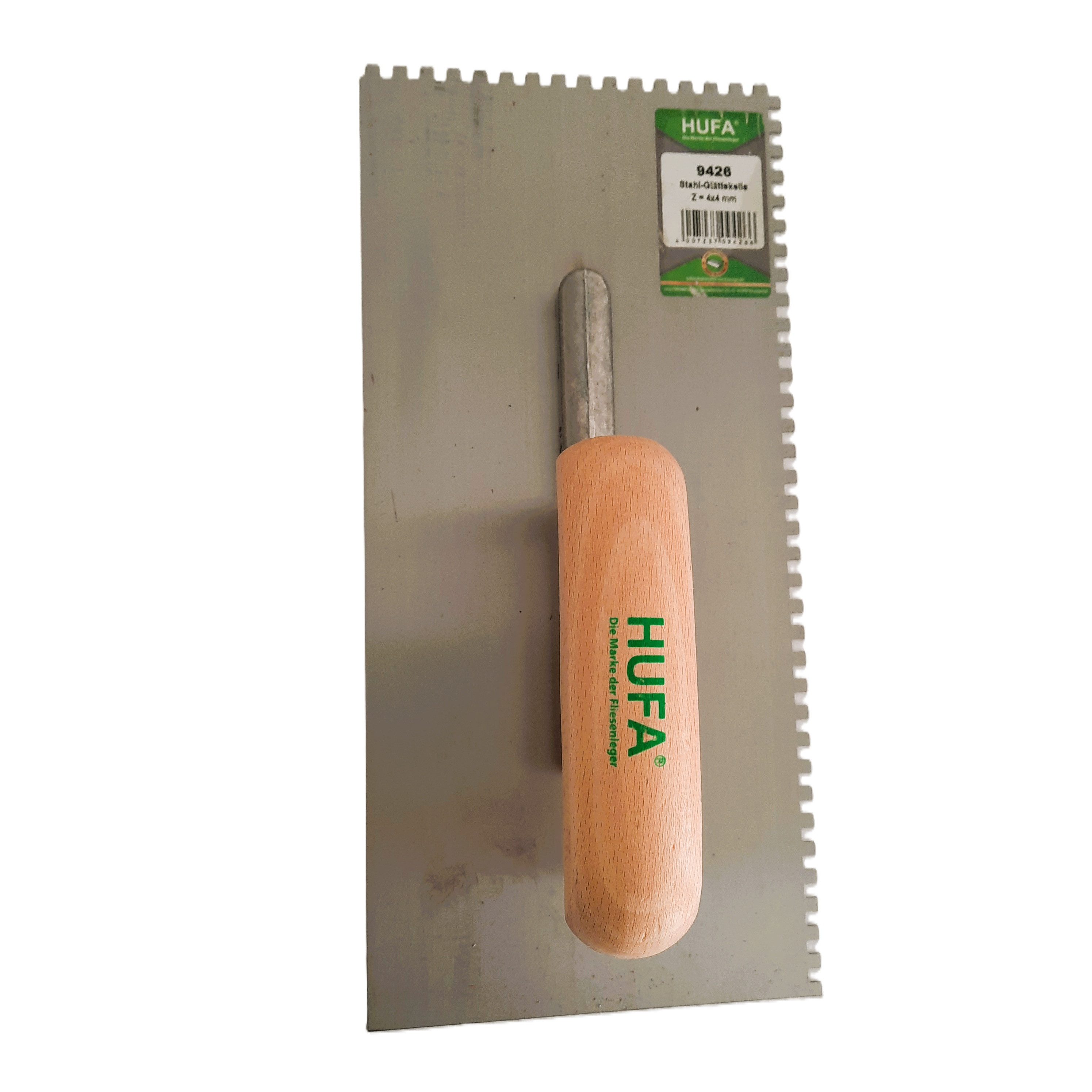 Hufa Zahnkelle Hufa Glättekelle Stahl Holzgriff 280mm x 130mm 4x4mm gezahnt