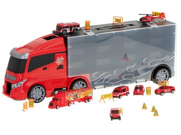 LA CUTE Spielzeug-Auto Feuerwehr-LKW/Transporter: Großes Spielset Autos, Hubschrauber uvm., (Spielzeug Auots-set, Großer LKW Transporter mit 7 Verschiedenen Feuerwehrfahrzeugen), Realistische Fahrzeuge, großer Transporter