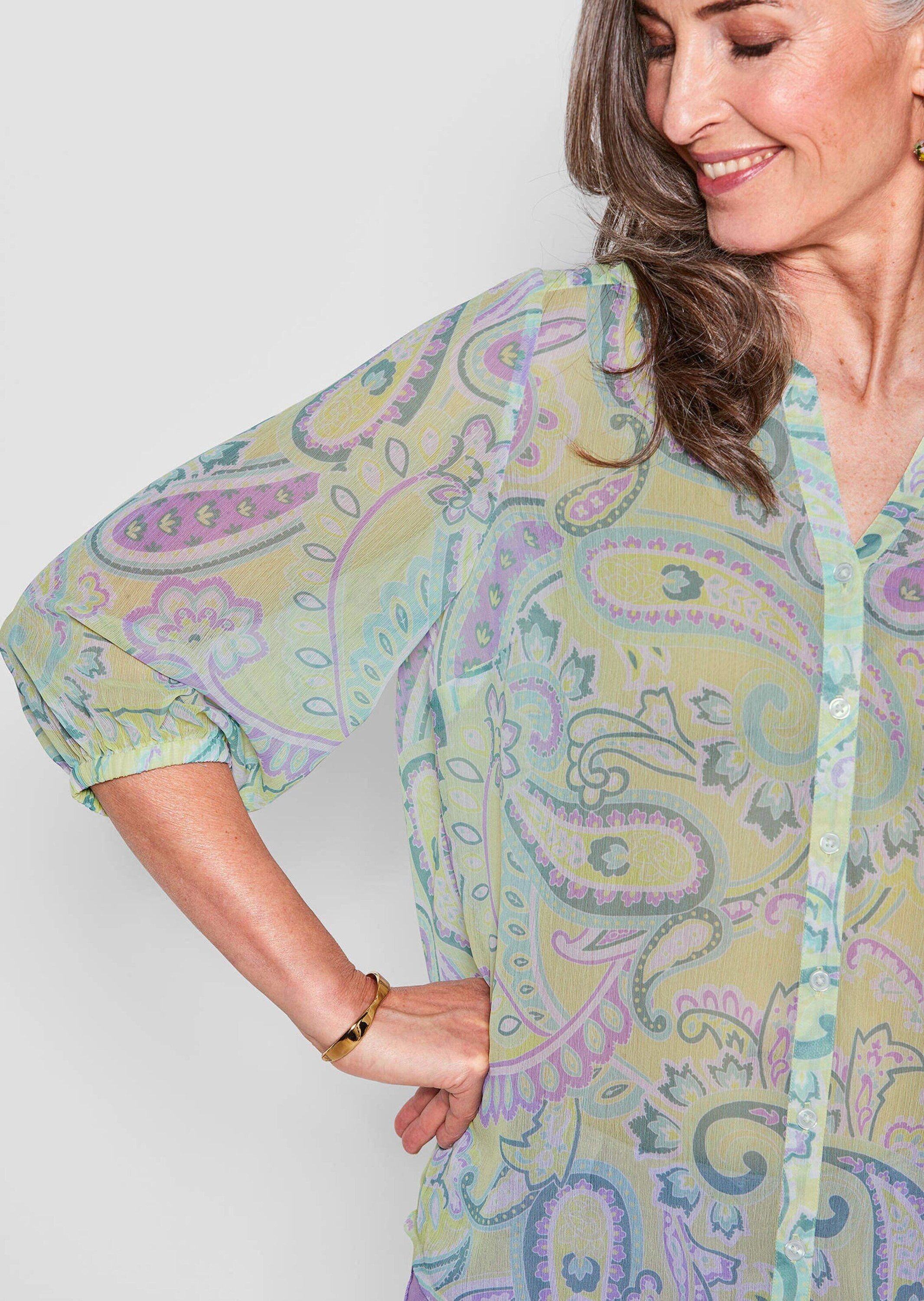 GOLDNER Chiffonbluse Druckbluse mit Paisley-Muster Zarte Chiffonbluse mit V-Ausschnitt und Knopfleiste