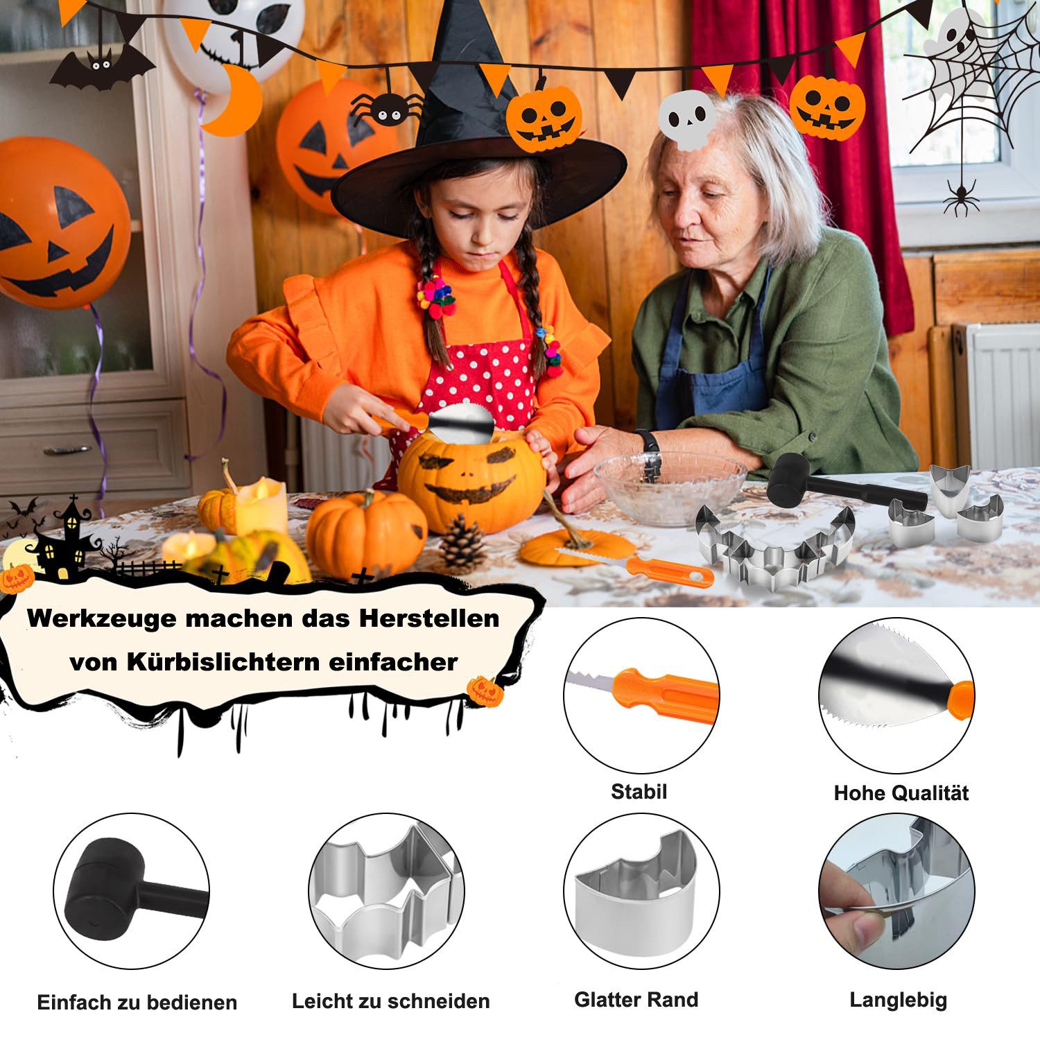 Bomiclss Dekoobjekt 13-teiliges Kürbis-Schnitzset, DIY Kürbisdeko für Halloween (13 St), Halloween Schnitzwerkzeuge für Familie – Bild 2 von 5