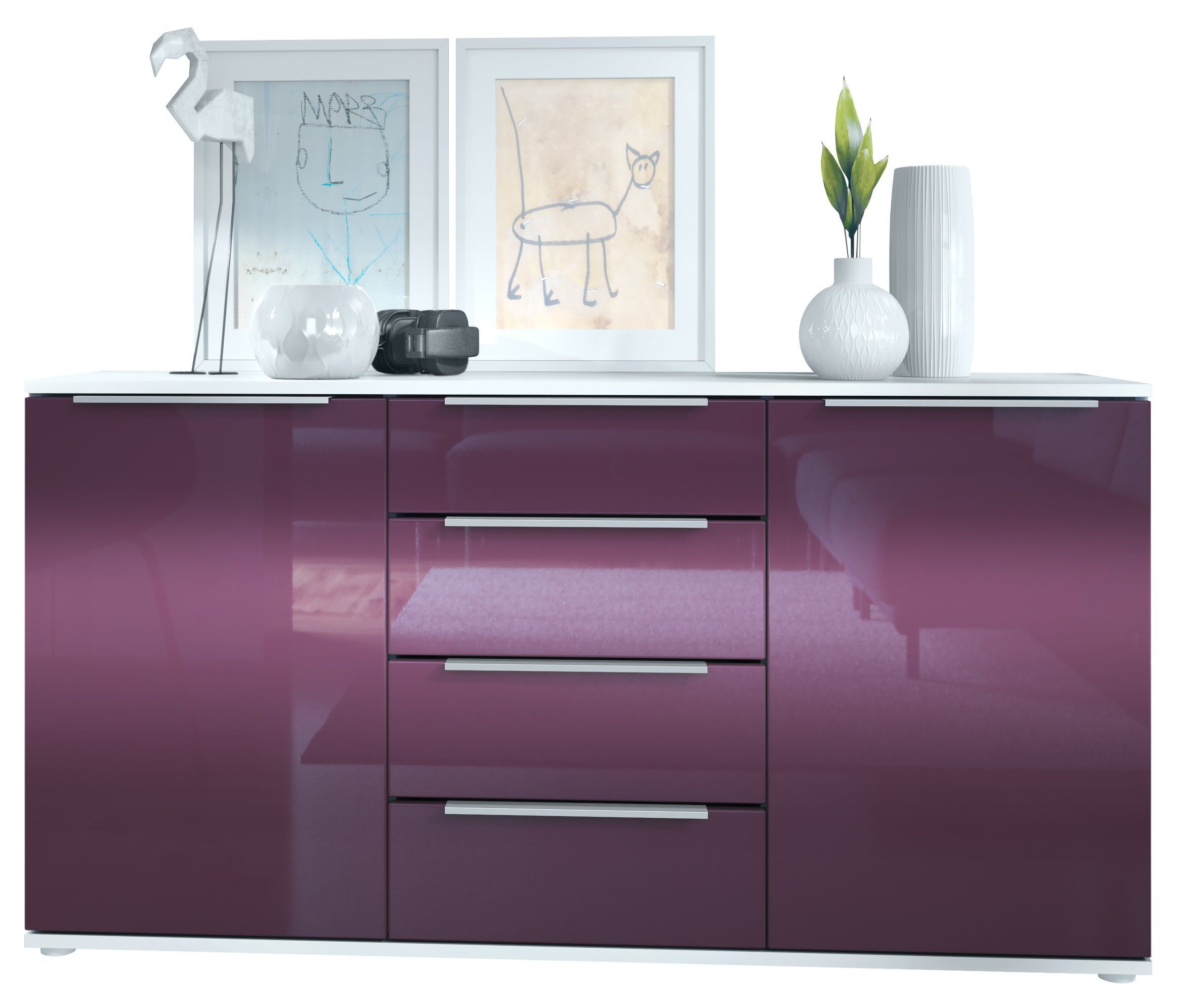 Vladon Sideboard Linio (Anrichte, mit 2 Türen und 4 Schubladen), Weiß matt/Brombeer Hochglanz (139 x 72,5 x 35 cm)