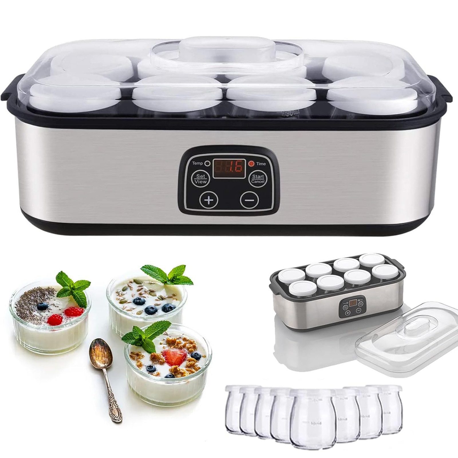 Rhein Beleuchtung Joghurtbereiter Elektrischer Joghurtbereiter & Joghurtmaschine 8 Gläser 180 ml, 8 Portionsbehälter, je 180 ml, Temperatur- und Zeitregelung, Edelstahlgehäuse