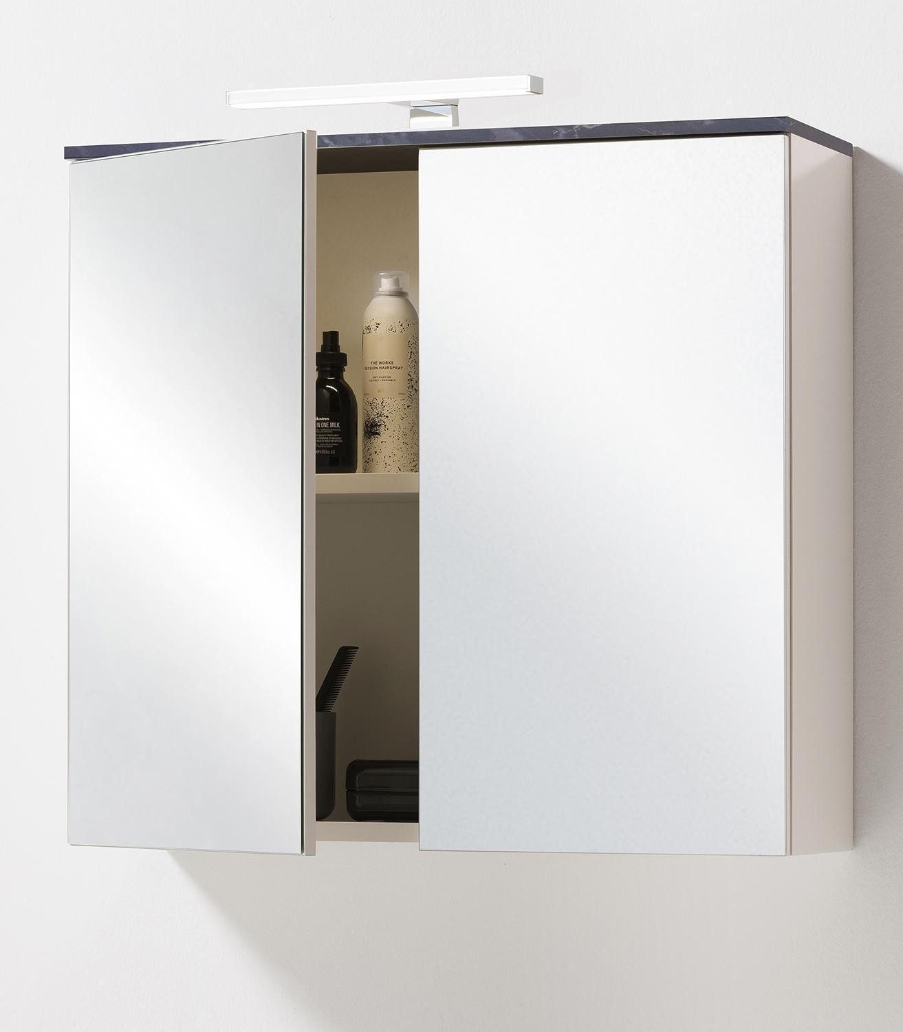 Composad Spiegelschrank PROMESSA, Cashmeregrau matt, Schwarz, Marmoroptik, 2 Spiegeltüren, LED-Aufsatzleuchte, B 70 x H 65 x T 22 cm