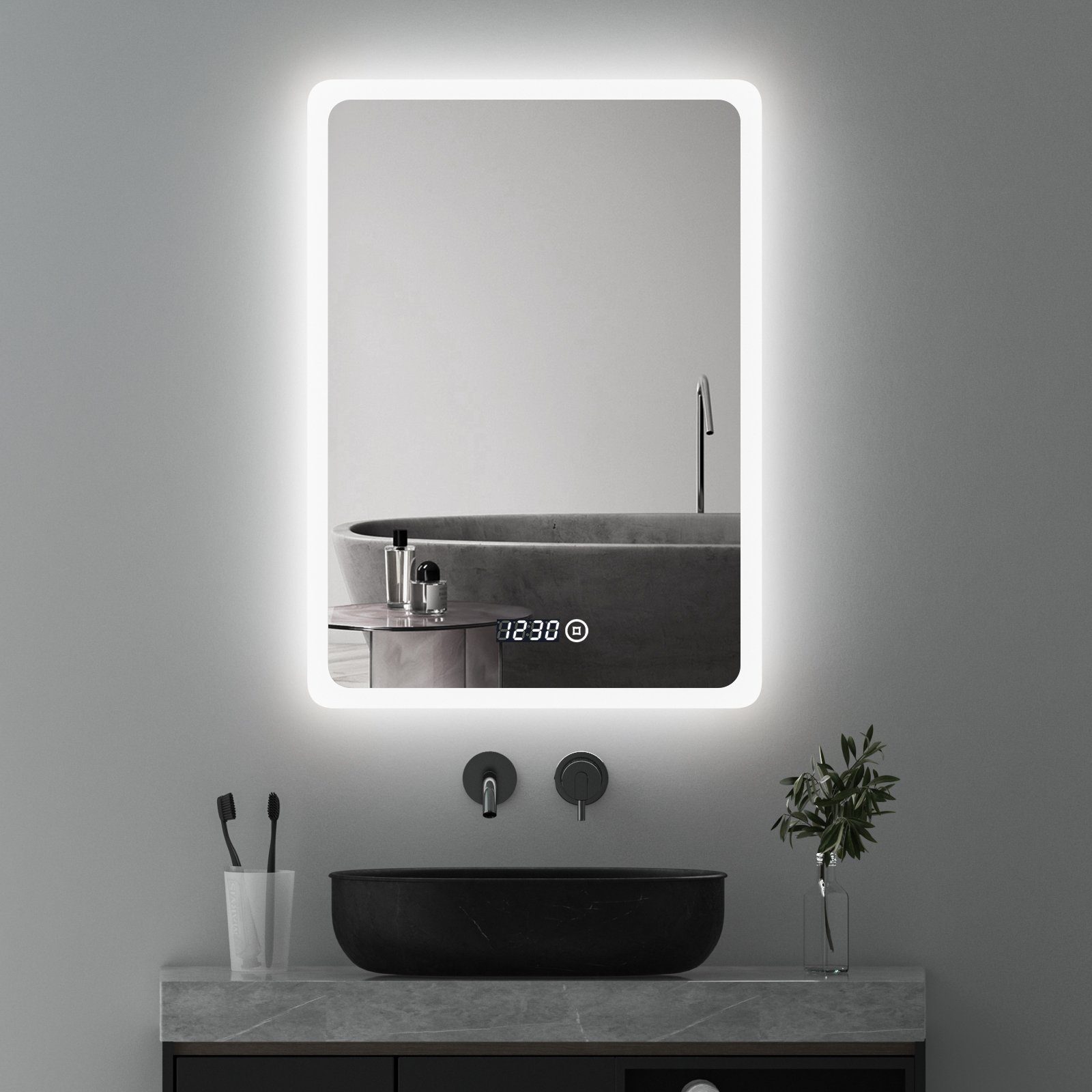 WDWRITTI Badspiegel Led 50x70 80x60 100x60 Touch Uhr dimmbar Зеркало Bad mit beleuchtung (Badezimmerspiegel Wandspiegel, Speicherfunktion, Helligkeit dimmbar, Wandschalter), Warmweiß, Neutralweiß, Kaltweiß, Energiesparend