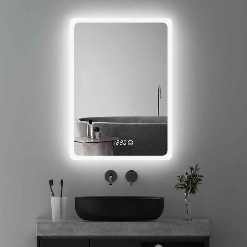 WDWRITTI Badspiegel Led 50x70 80x60 100x60 Touch Uhr dimmbar Spiegel Bad mit beleuchtung (Badezimmerspiegel Wandspiegel, Speicherfunktion, Helligkeit dimmbar, Wandschalter), Warmweiß, Neutralweiß, Kaltweiß, Energiesparend
