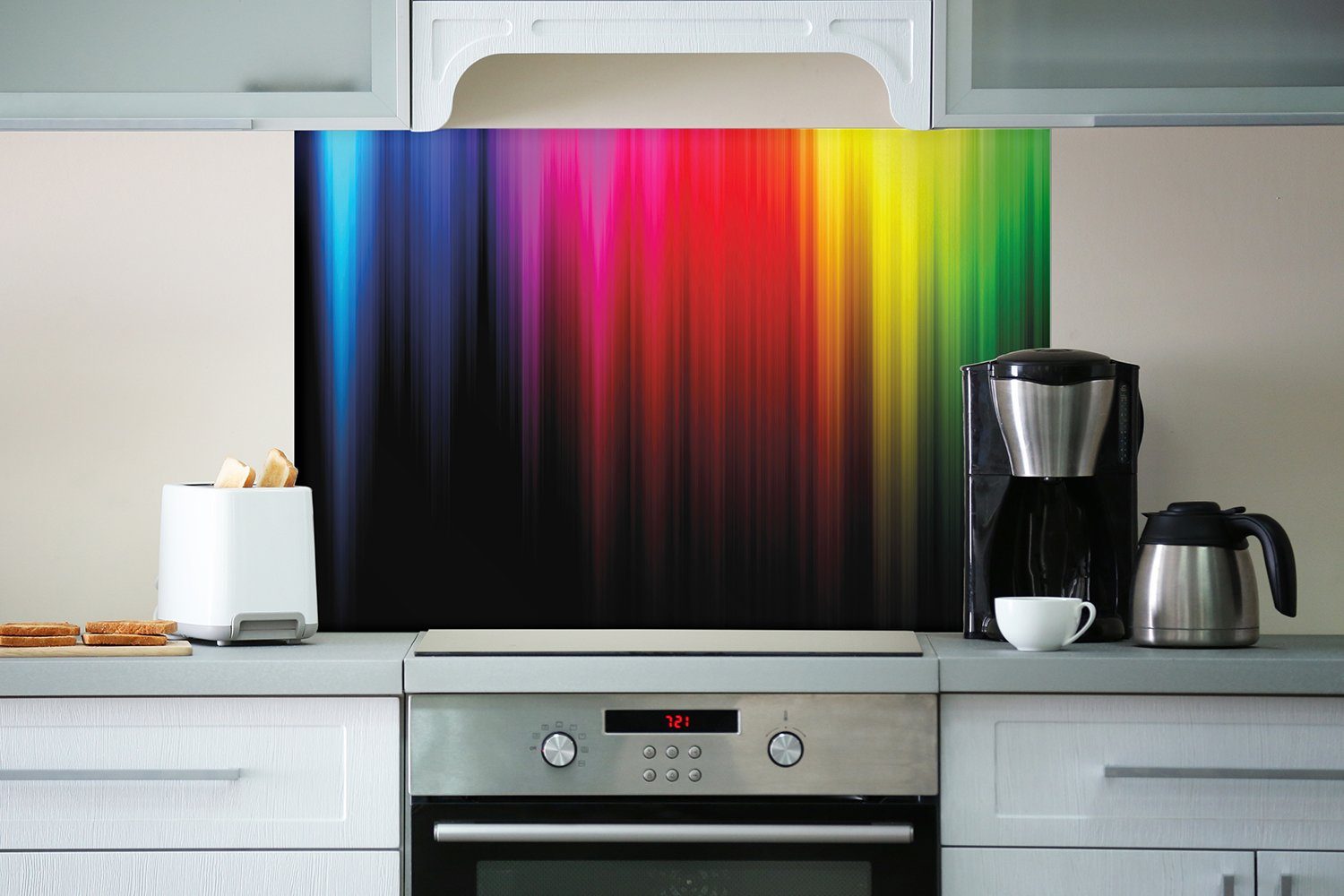 Küchenrückwand Schwarz, (1-tlg) Bunte Wallario Regenbogenstreifen auf