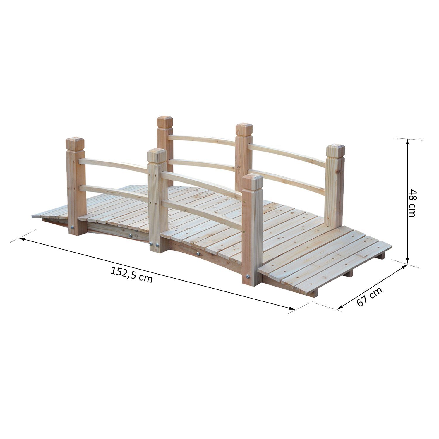 Outsunny Zierbrücke Holzsteg Teichbrücke mit Geländer bis 180 kg, (Gartenbrücke, 1 St., Holzbrücke), Tannenholz Natur 152,5 x 67 x 48 cm