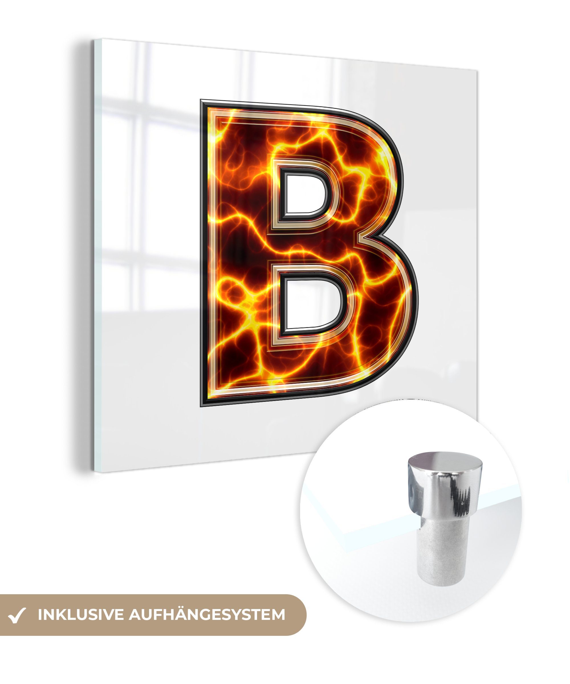 MuchoWow Acrylglasbild Buchstabe B mit Flammen, (1 St), Glasbilder - Bilder auf Glas Wandbild - Foto auf Glas - Wanddekoration