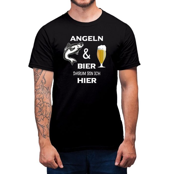 Alsino Kurzarmshirt Angler T-Shirt Angel Shirt Angeln und Bier - Darum bin ich hier TShirt - Unisex 100% Baumwolle