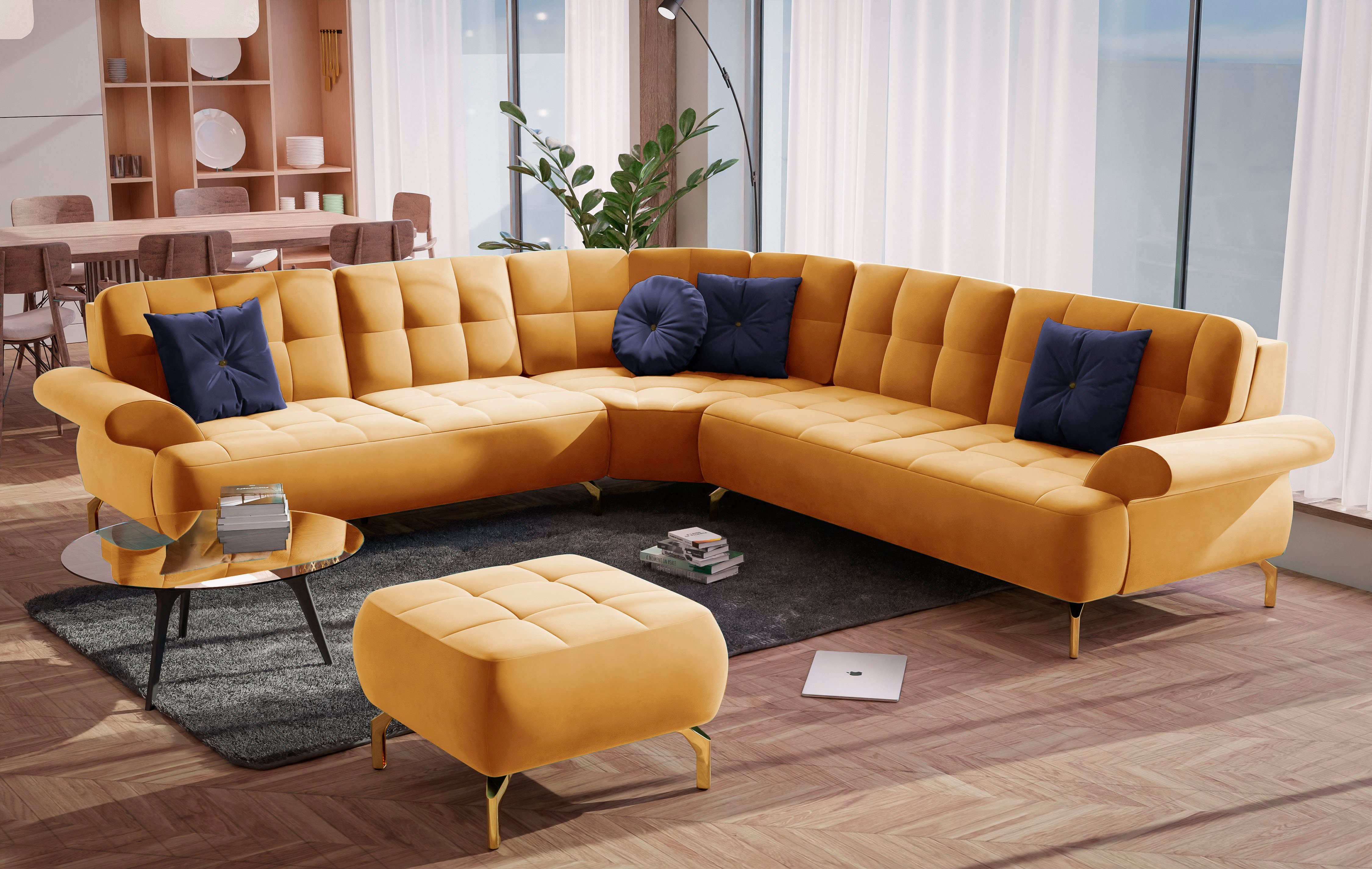 sit&more Ecksofa Orient 1 L-Form, inkl. 4 Zierkissen mit Strass-Stein, goldfarbene Metallfüße